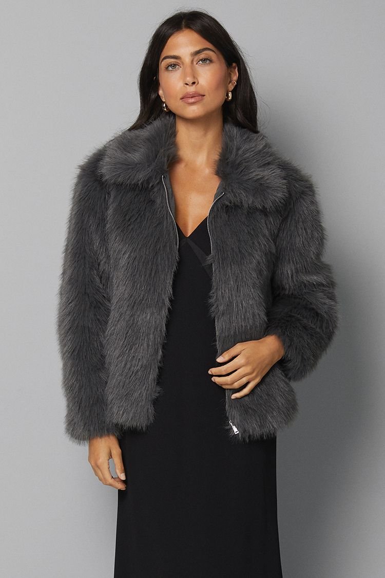 Wallis Wallis Women's Zip Through Short Fur Coat in Grey - 3