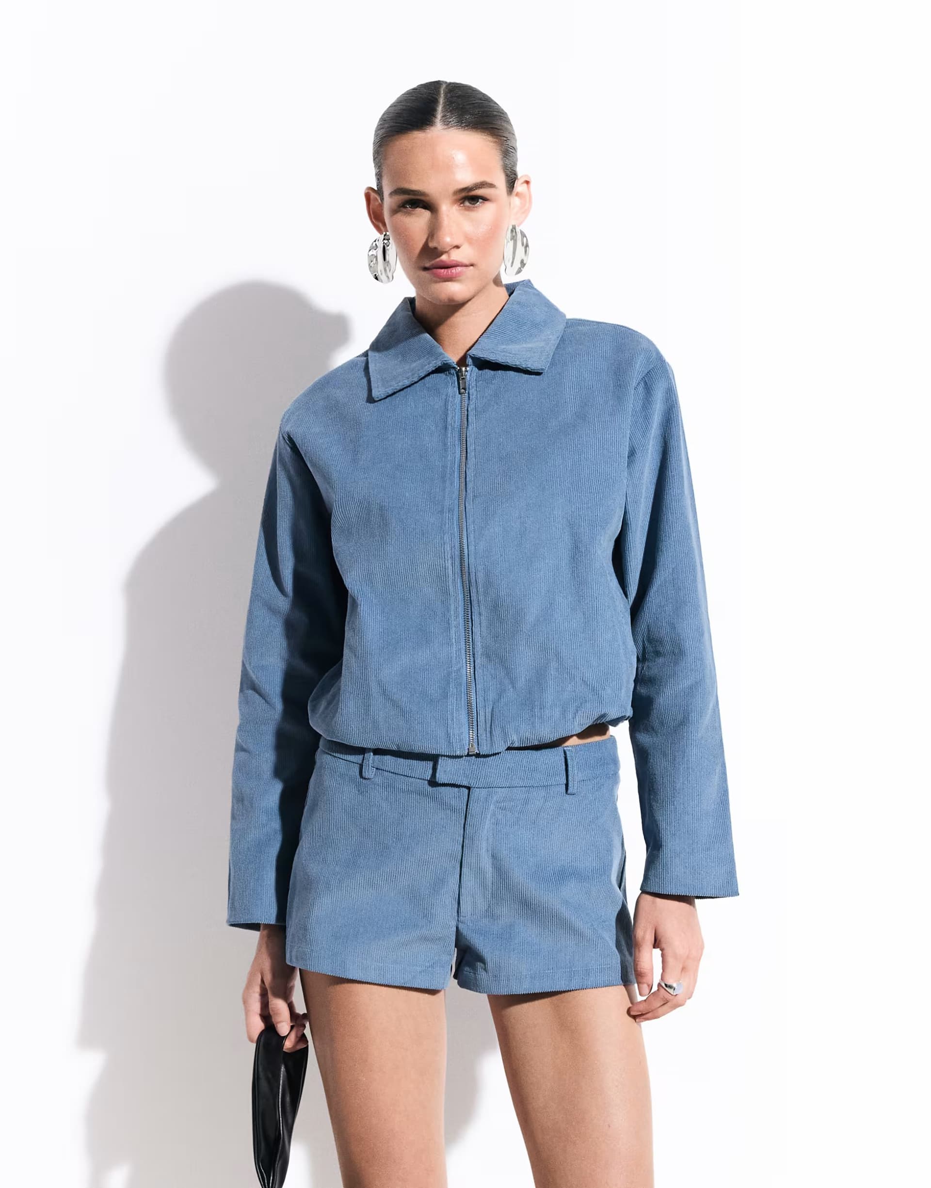 ASOS The Frolic exclusive suede look harrington jacket and shorts in blue