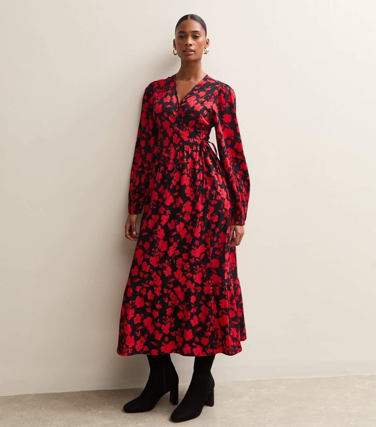 New Look Women's Red Floral Long Sleeve Wrap Midi Dress New Look