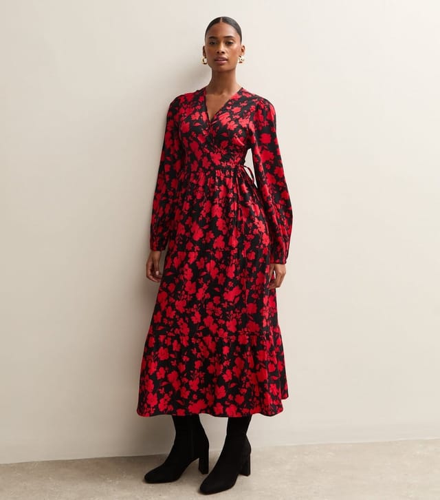New Look Women's Red Floral Long Sleeve Wrap Midi Dress New Look - 2