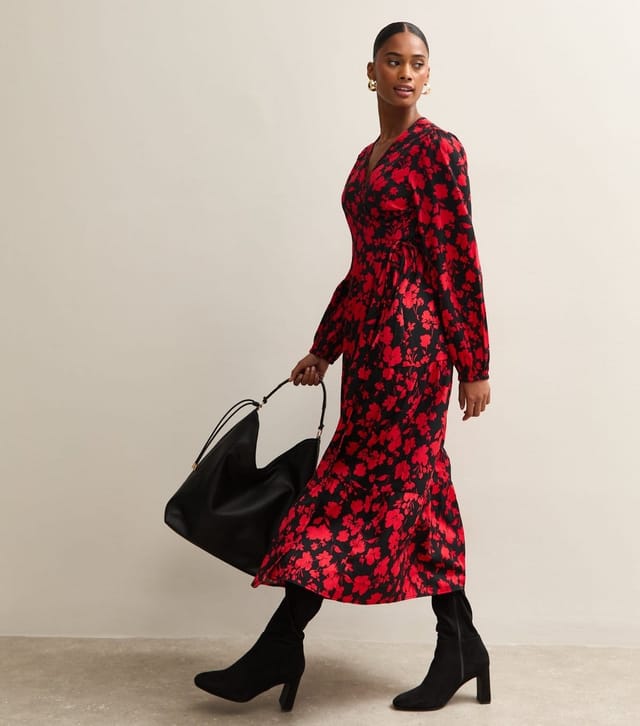New Look Women's Red Floral Long Sleeve Wrap Midi Dress New Look - 3