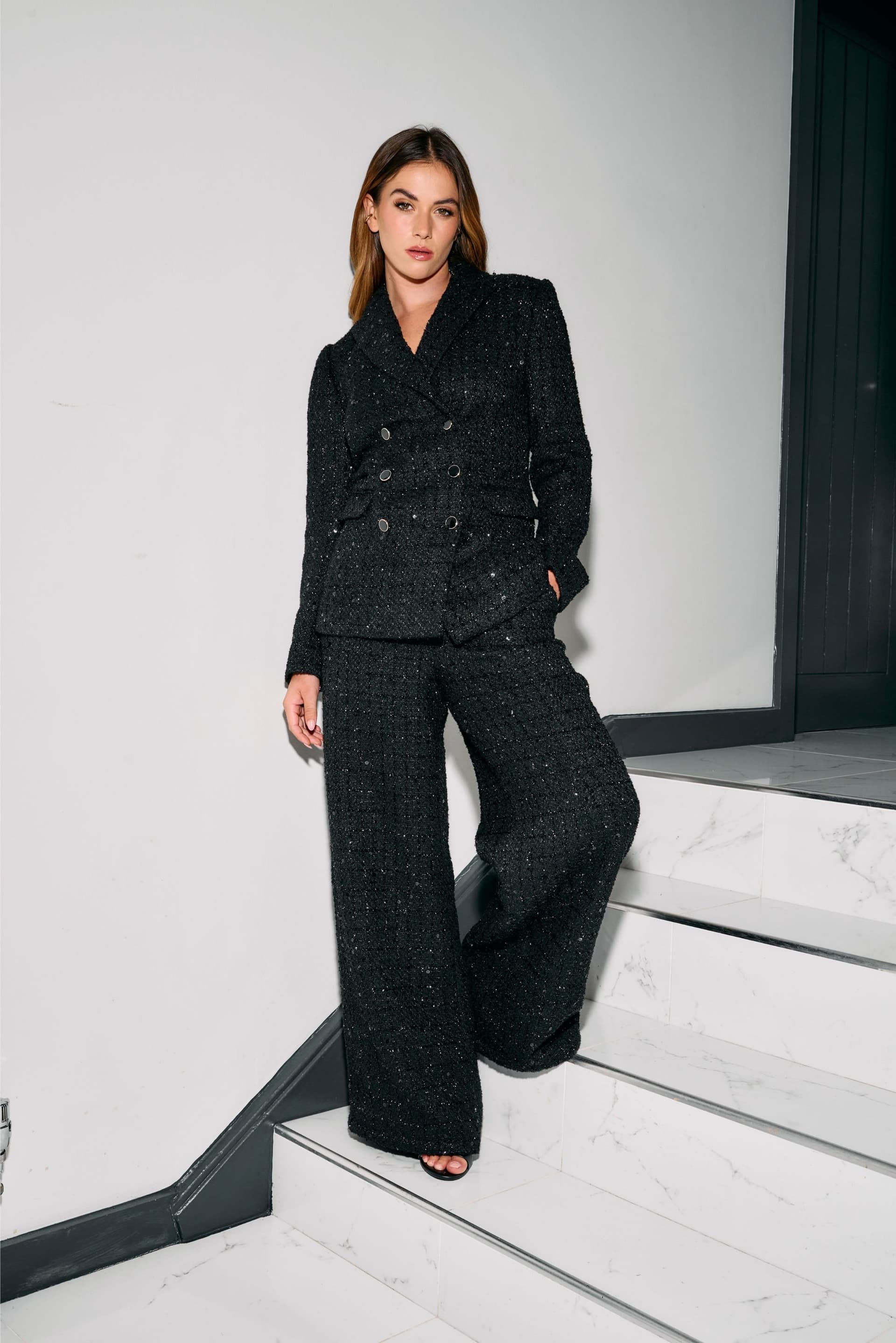 Finding Friday Finding Friday Women's Metallic Tweed Double Breasted Tailored Jacket in Black