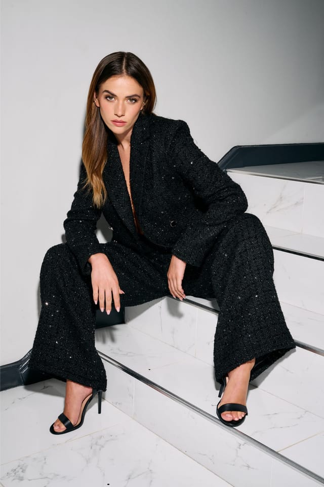 Finding Friday Finding Friday Women's Metallic Tweed Double Breasted Tailored Jacket in Black - 2