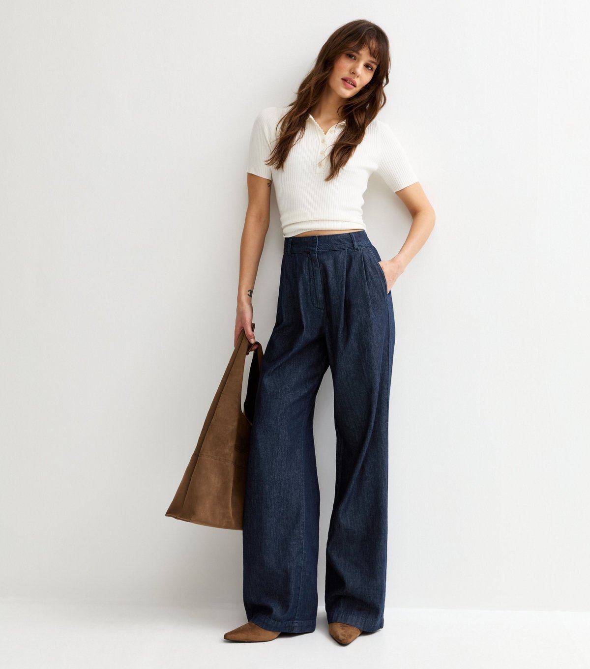 New Look Women's Tall Dark Blue Denim Pleated Wide Leg Trousers New Look - 2