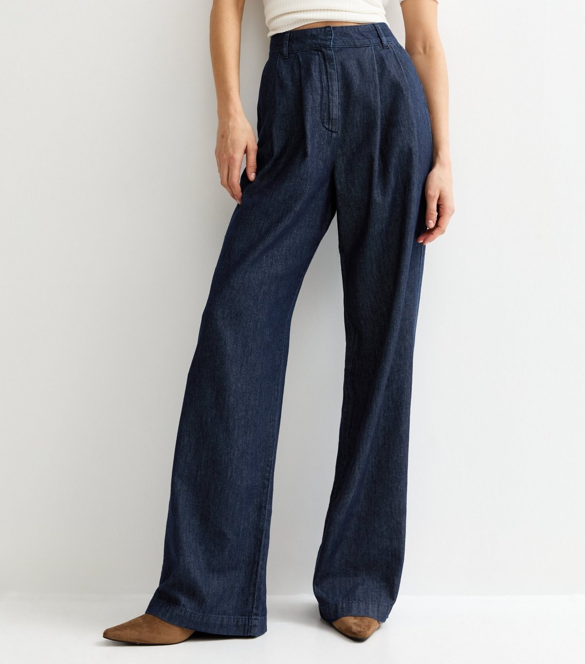 New Look Women's Tall Dark Blue Denim Pleated Wide Leg Trousers New Look - 4