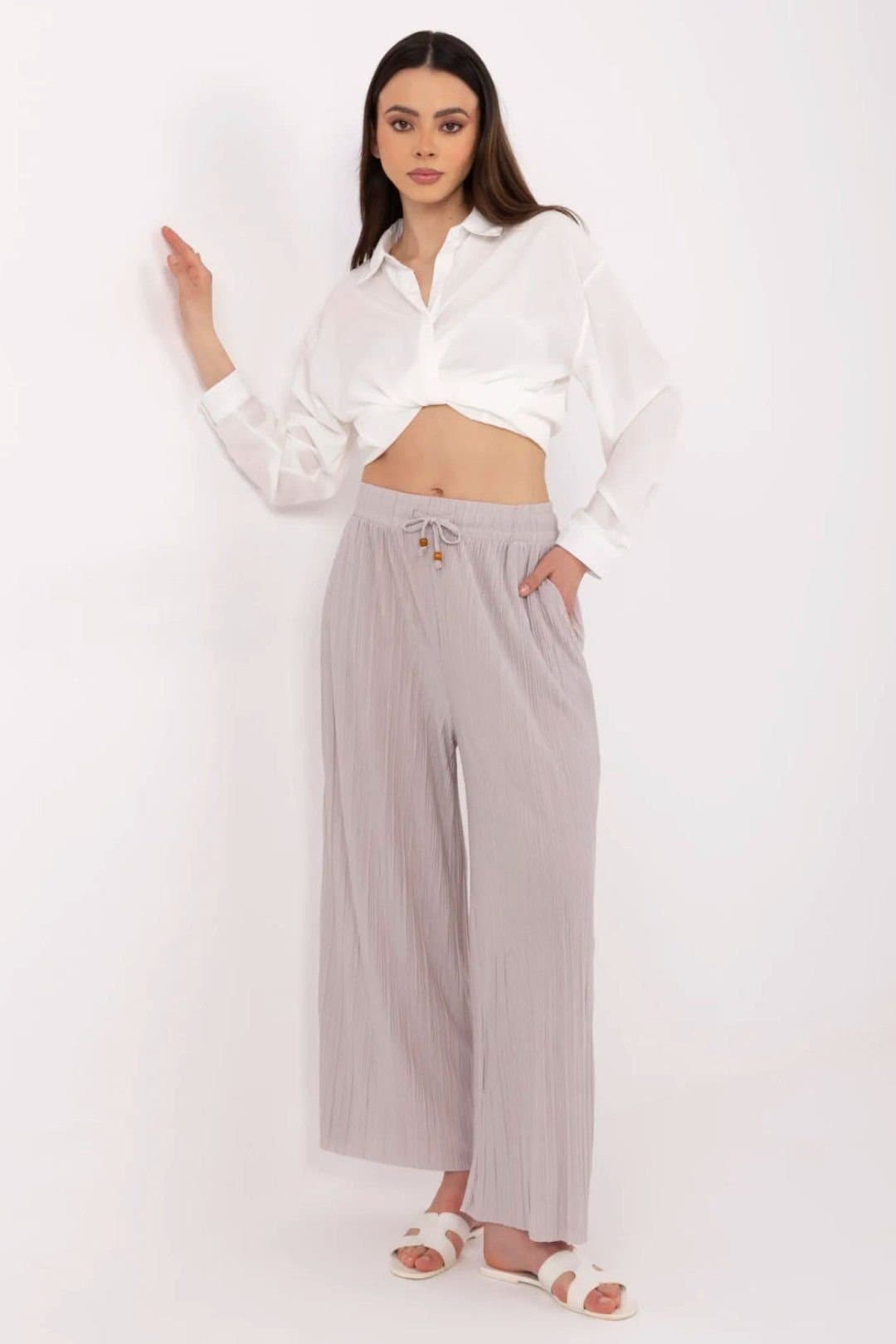 Love Lace Love Lace Women's High Waist Tie Wide Leg Casual Trousers in Grey