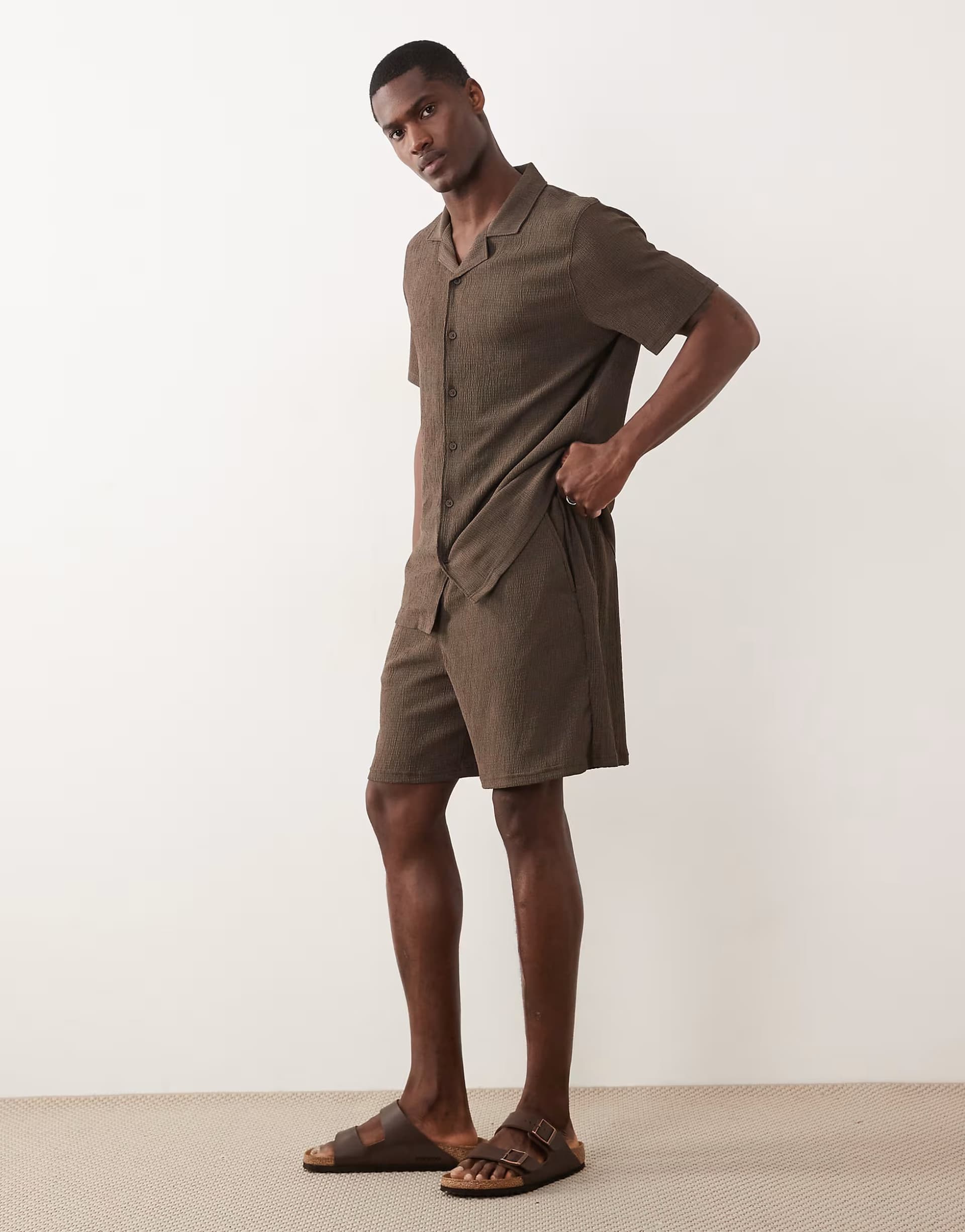 ASOS New Look co-ord crinkle shirt and shorts in brown