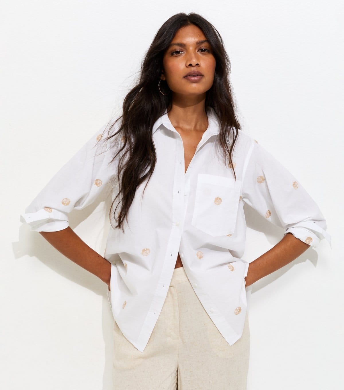 New Look White Cotton Embroidered Shell Long Sleeve Shirt