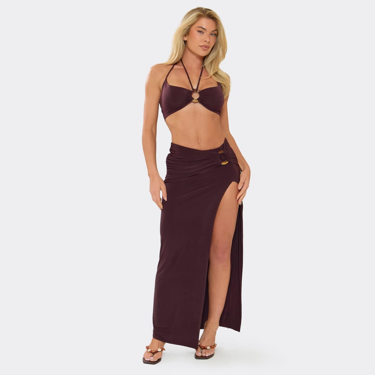 EGO Mid Rise Trim Detail Split Leg Maxi Skirt In Chocolate Brown Slinky, Women's Size UK 6 - 1
