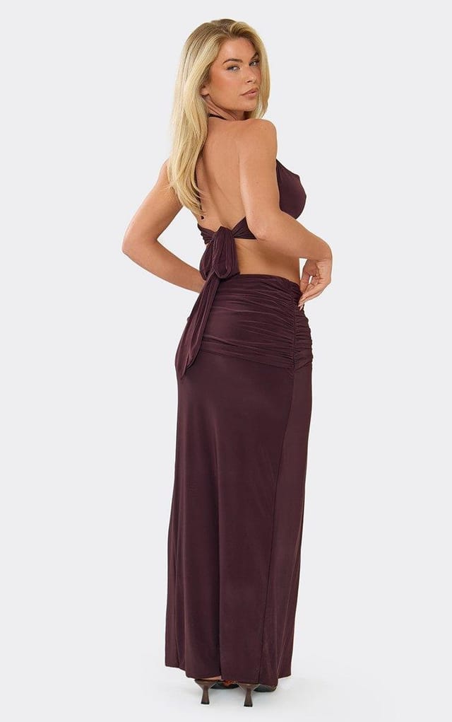 EGO Mid Rise Trim Detail Split Leg Maxi Skirt In Chocolate Brown Slinky, Women's Size UK 6 - 2