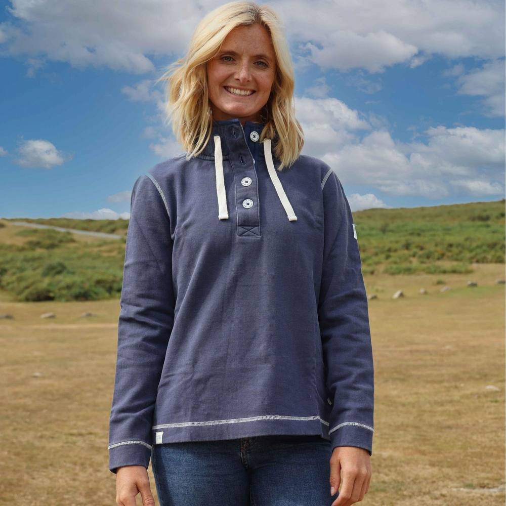 Lazy Jacks Lazy Jacks Women's Pique Button Neck Sweatshirt in Dark Blue - 4