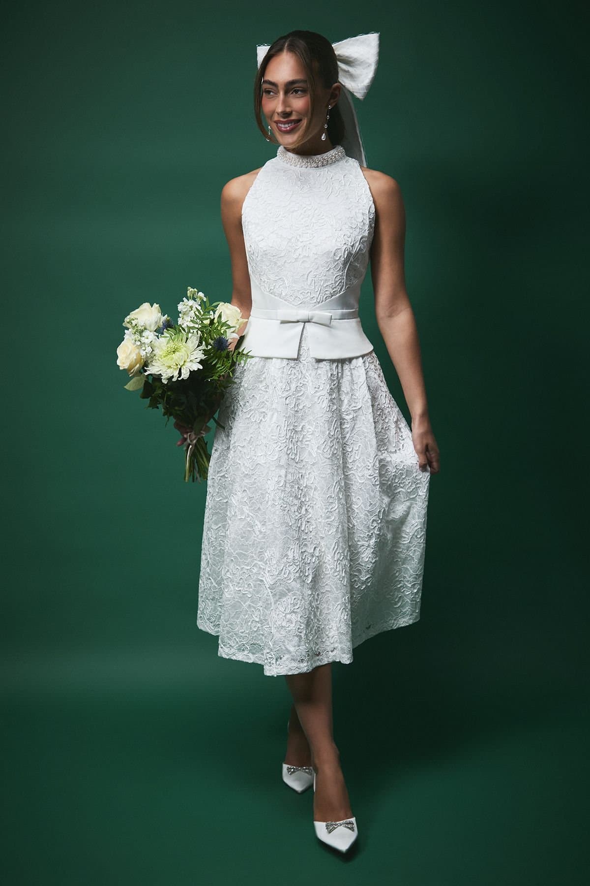 Coast Coast Women's Lisa Tan Lace Peplum Detail Midi Wedding Dress in White