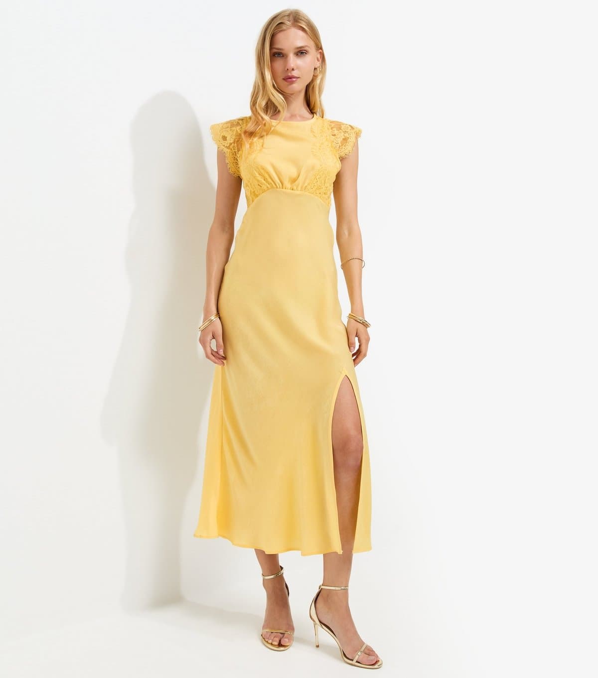 New Look Women's Light Yellow Satin Lace Sleeve Split Midi Dress New Look