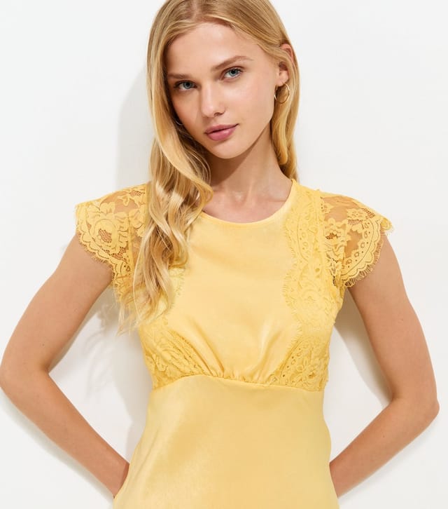 New Look Women's Light Yellow Satin Lace Sleeve Split Midi Dress New Look - 2