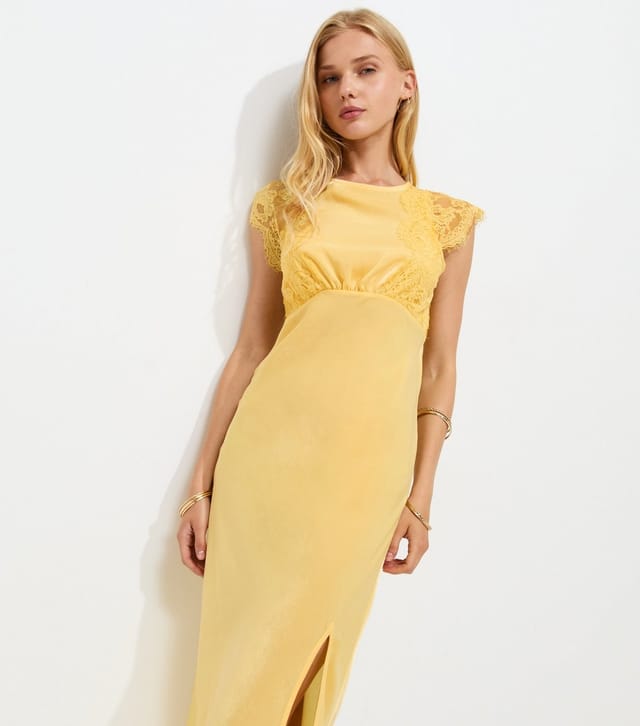New Look Women's Light Yellow Satin Lace Sleeve Split Midi Dress New Look - 3