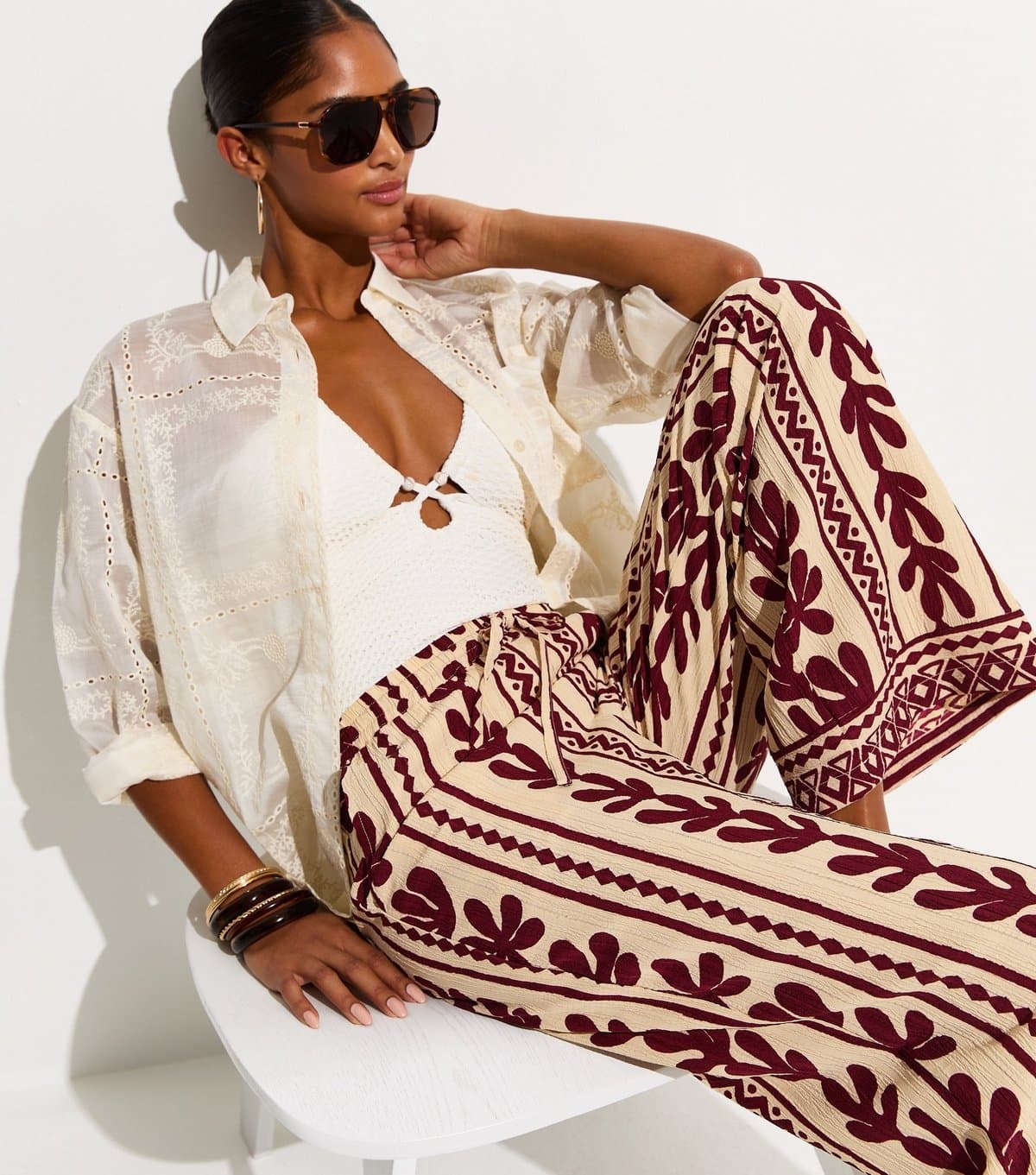 New Look Women's Brown Cactus Print Wide Leg Beach Trousers New Look