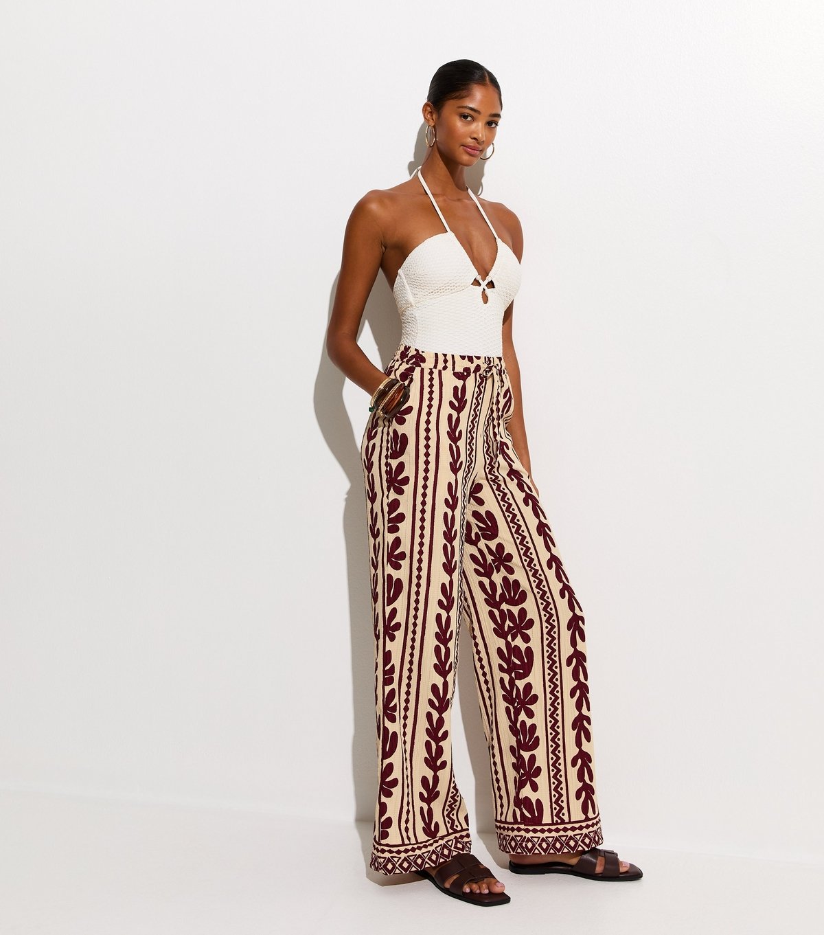 New Look Women's Brown Cactus Print Wide Leg Beach Trousers New Look - 3