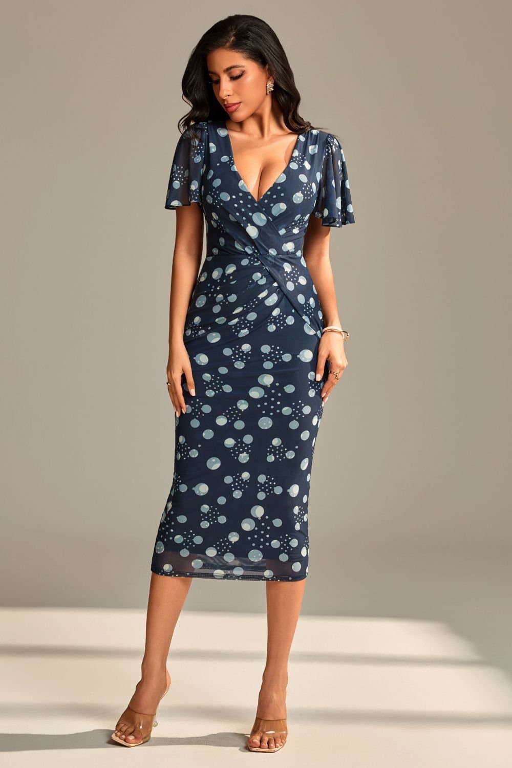 Jolie Moi Jolie Moi Women's Mesh Short Sleeve Midi Dress in Navy