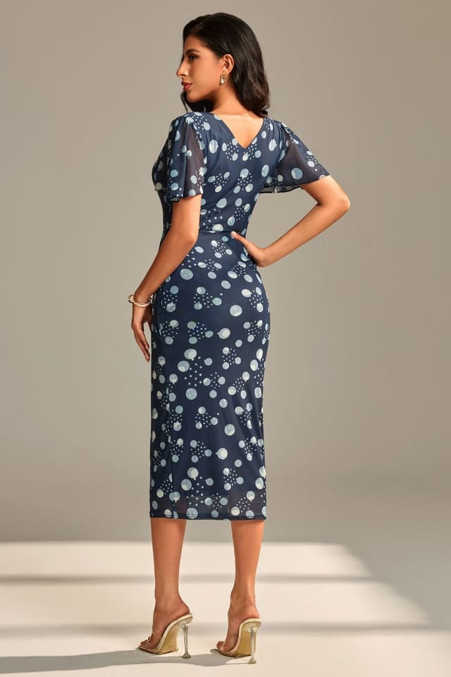 Jolie Moi Jolie Moi Women's Mesh Short Sleeve Midi Dress in Navy - 2