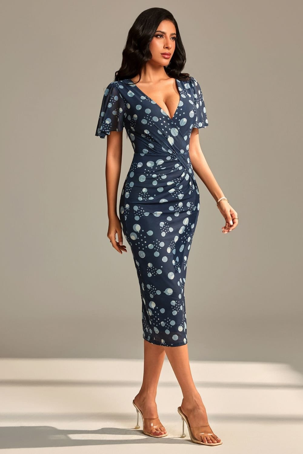 Jolie Moi Jolie Moi Women's Mesh Short Sleeve Midi Dress in Navy - 4
