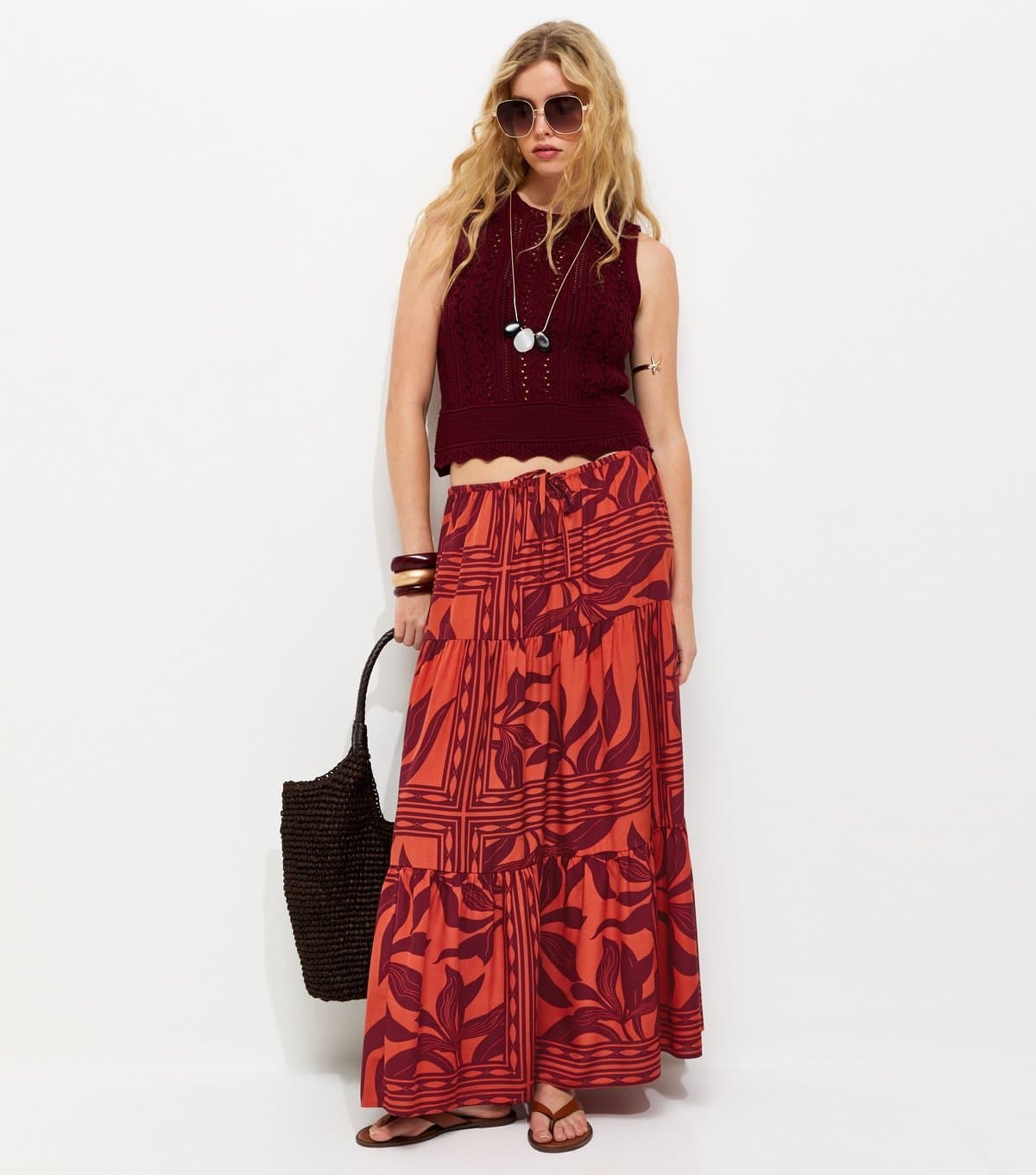 New Look Women's Red Leaf Print Tiered Maxi Skirt New Look