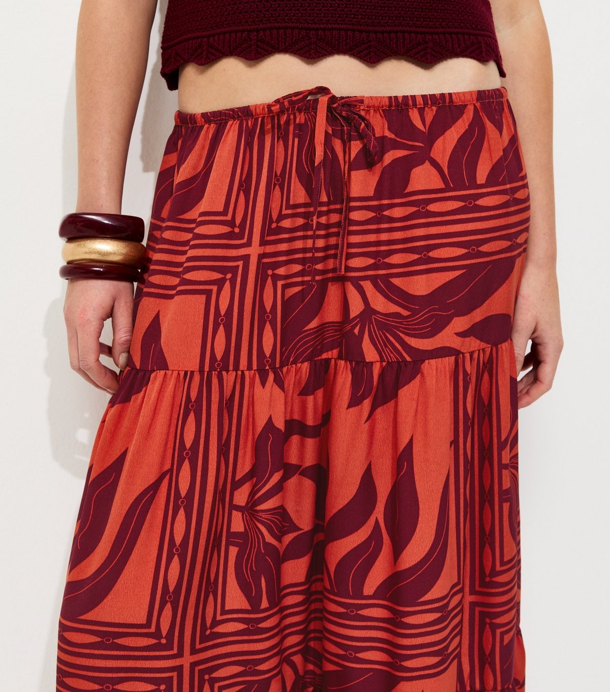 New Look Women's Red Leaf Print Tiered Maxi Skirt New Look - 2