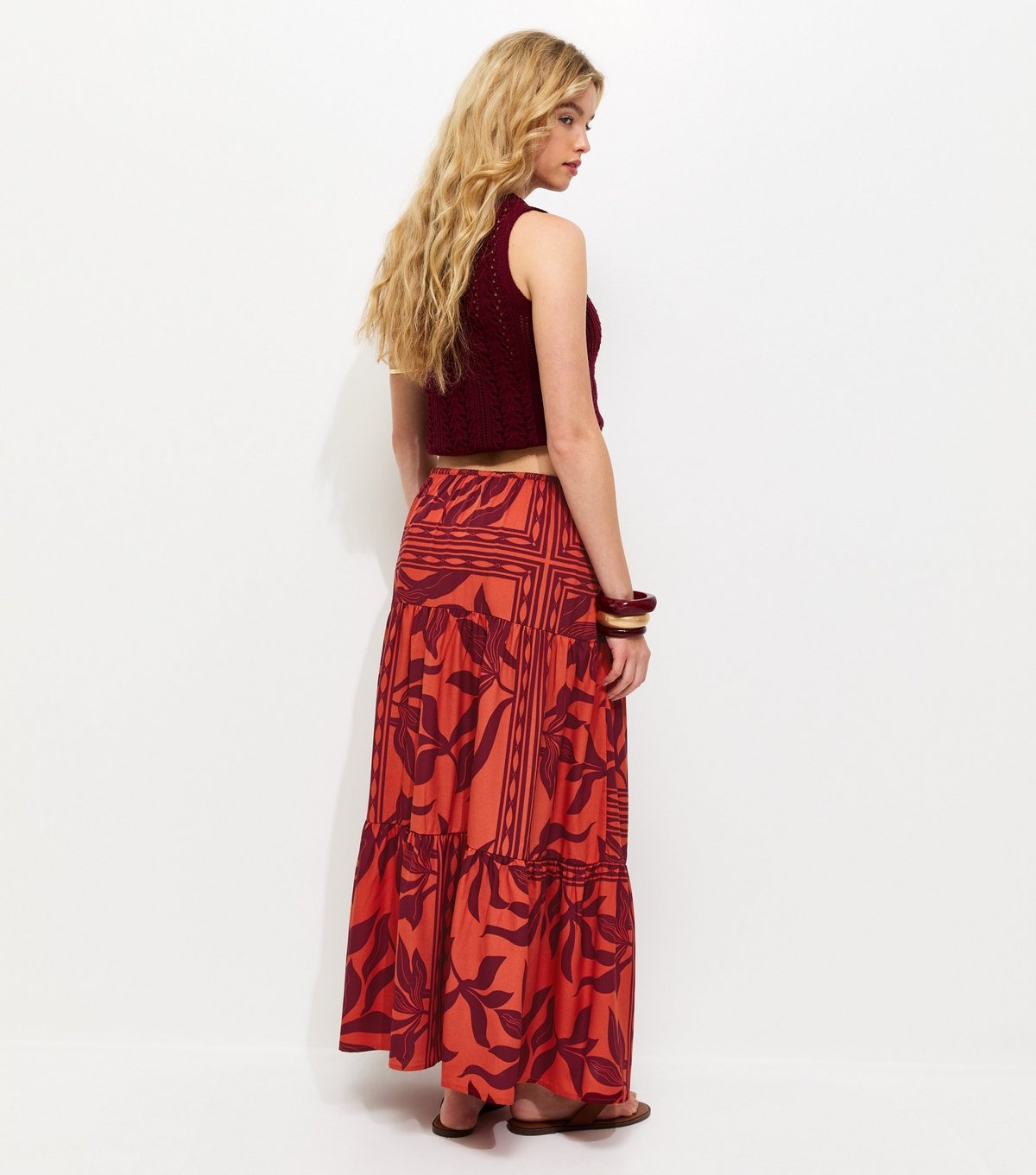 New Look Women's Red Leaf Print Tiered Maxi Skirt New Look - 4