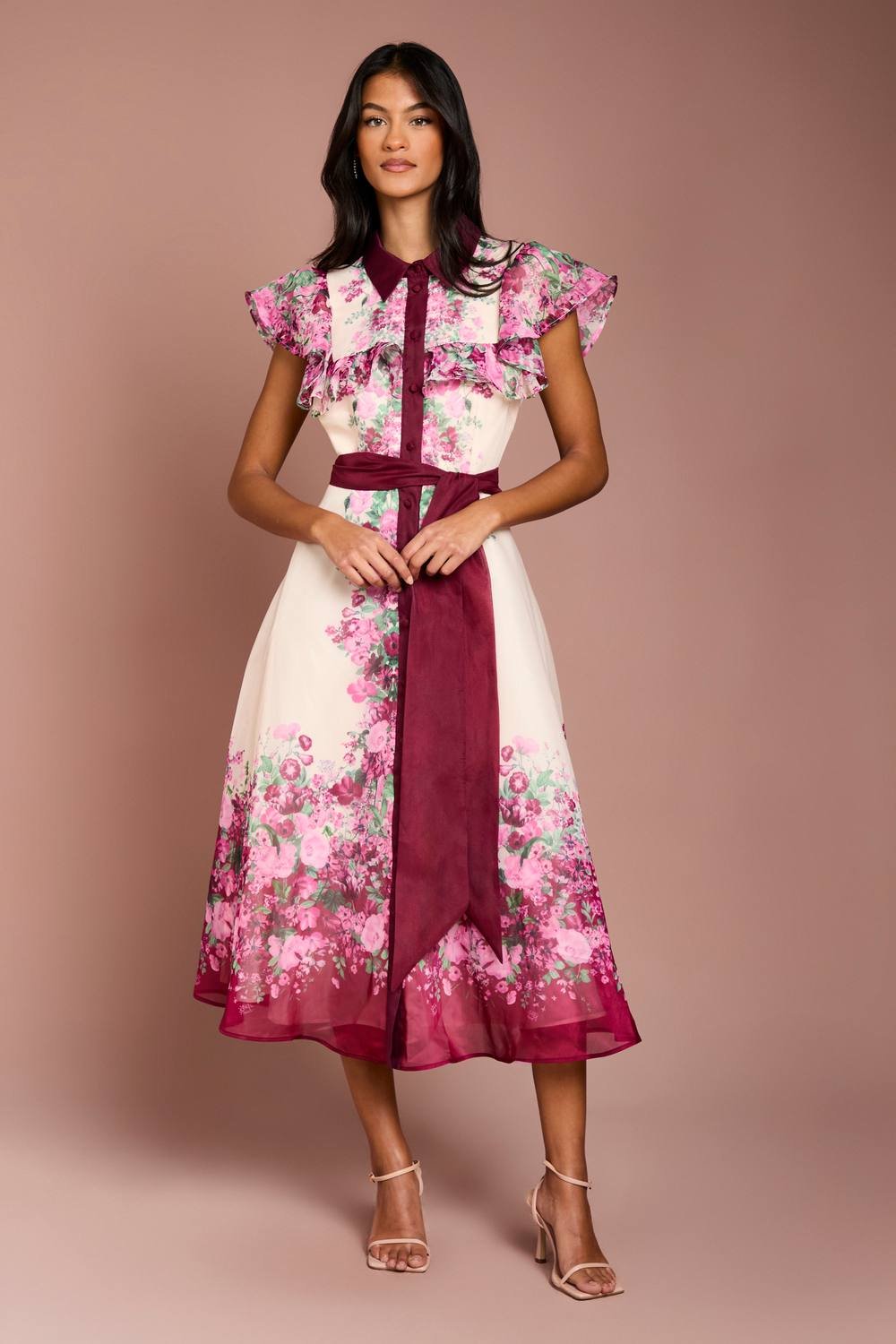 Coast Coast Women's Petite Placement Print Frill Midi Dress in Berry - 2