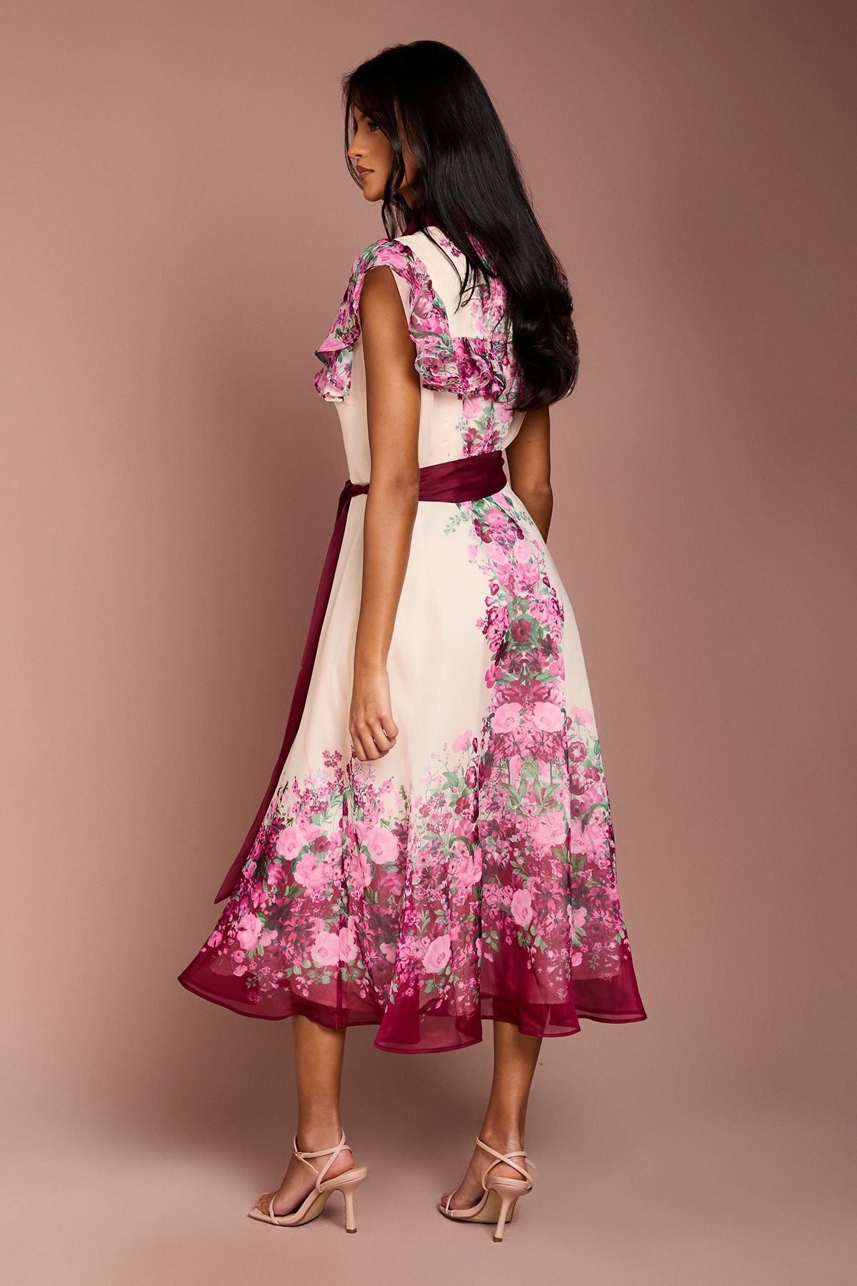 Coast Coast Women's Petite Placement Print Frill Midi Dress in Berry - 3