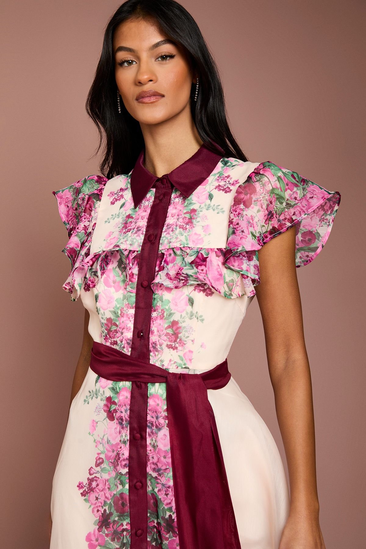 Coast Coast Women's Petite Placement Print Frill Midi Dress in Berry - 4