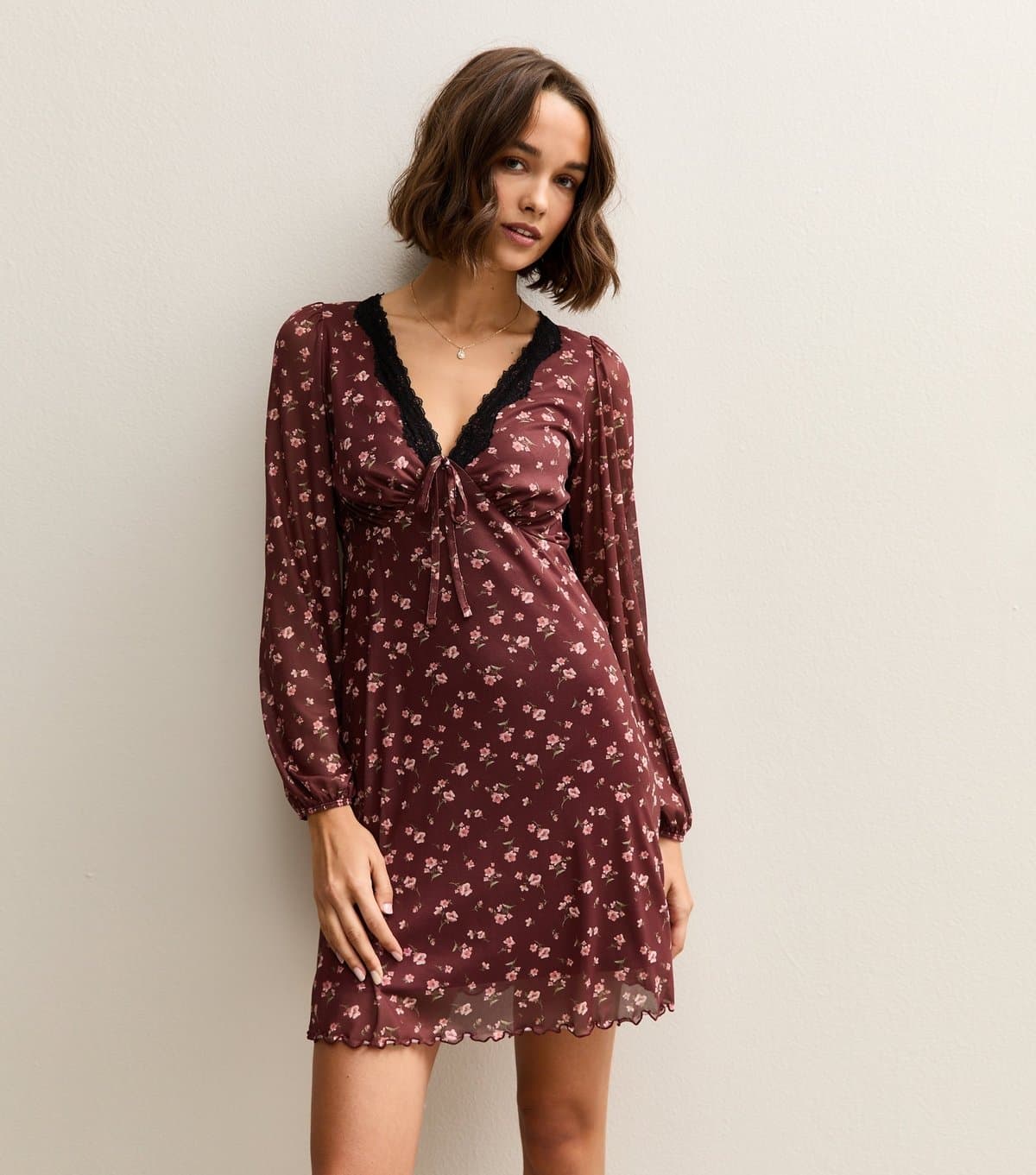 New Look Women's Dark Red Floral Mesh Mini Dress New Look