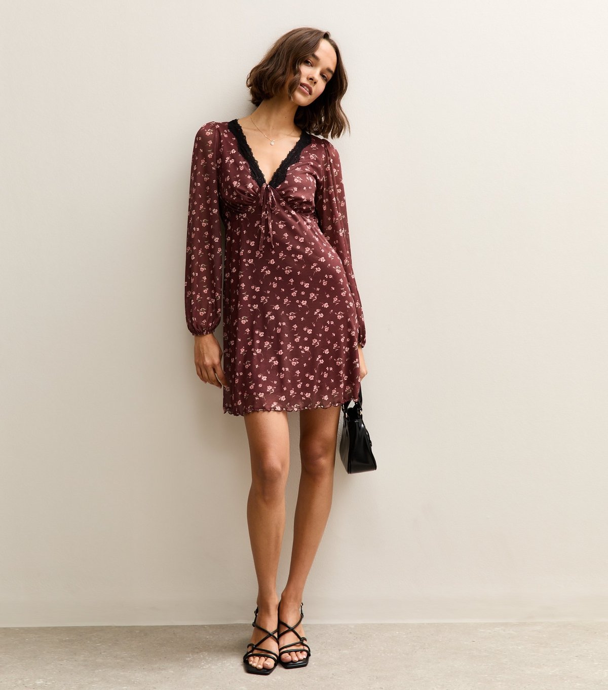 New Look Women's Dark Red Floral Mesh Mini Dress New Look - 3