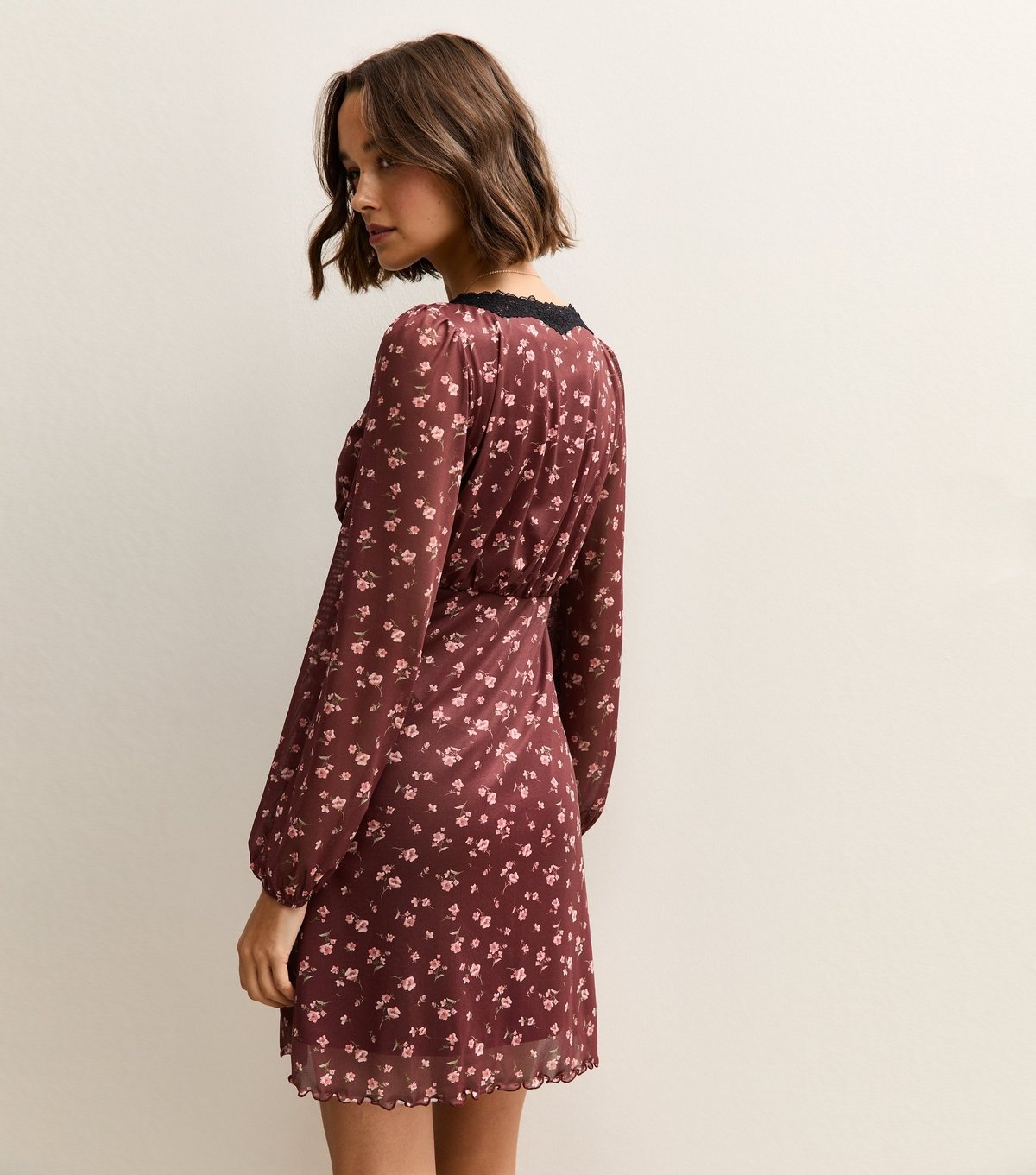 New Look Women's Dark Red Floral Mesh Mini Dress New Look - 4