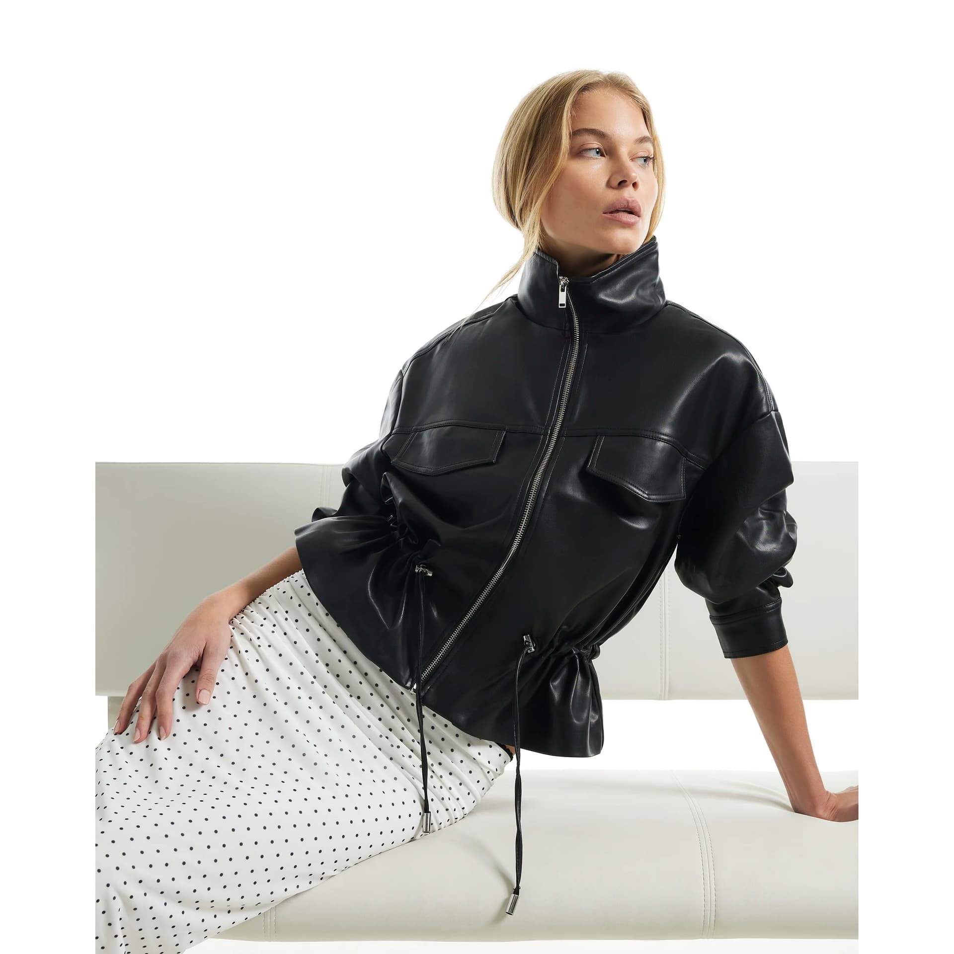 River Island River Island Womens Black Faux Leather Drawstring Funnel Jacket