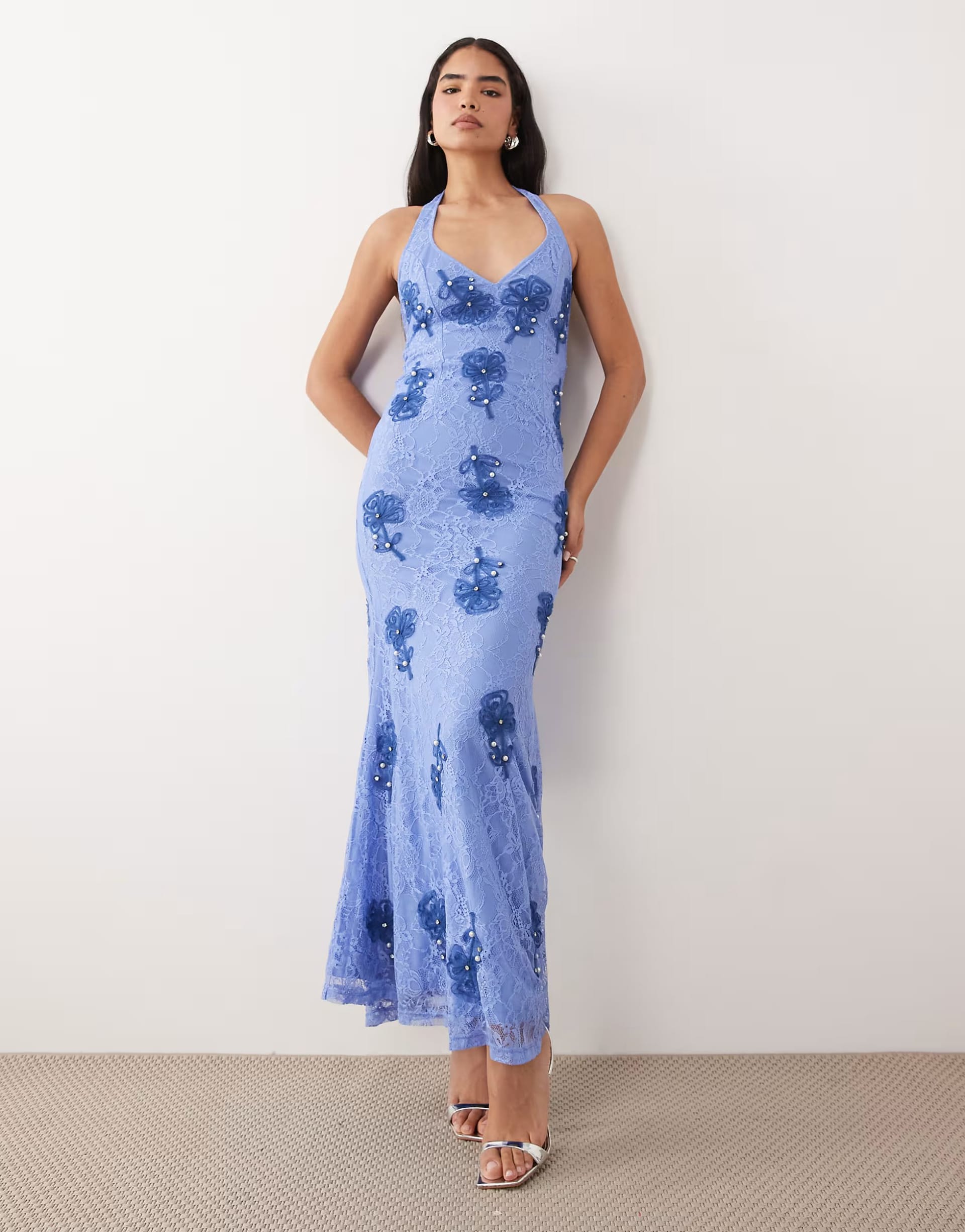 ASOS DESIGN Blue Lace Halterneck Maxi Dress with Tie Back