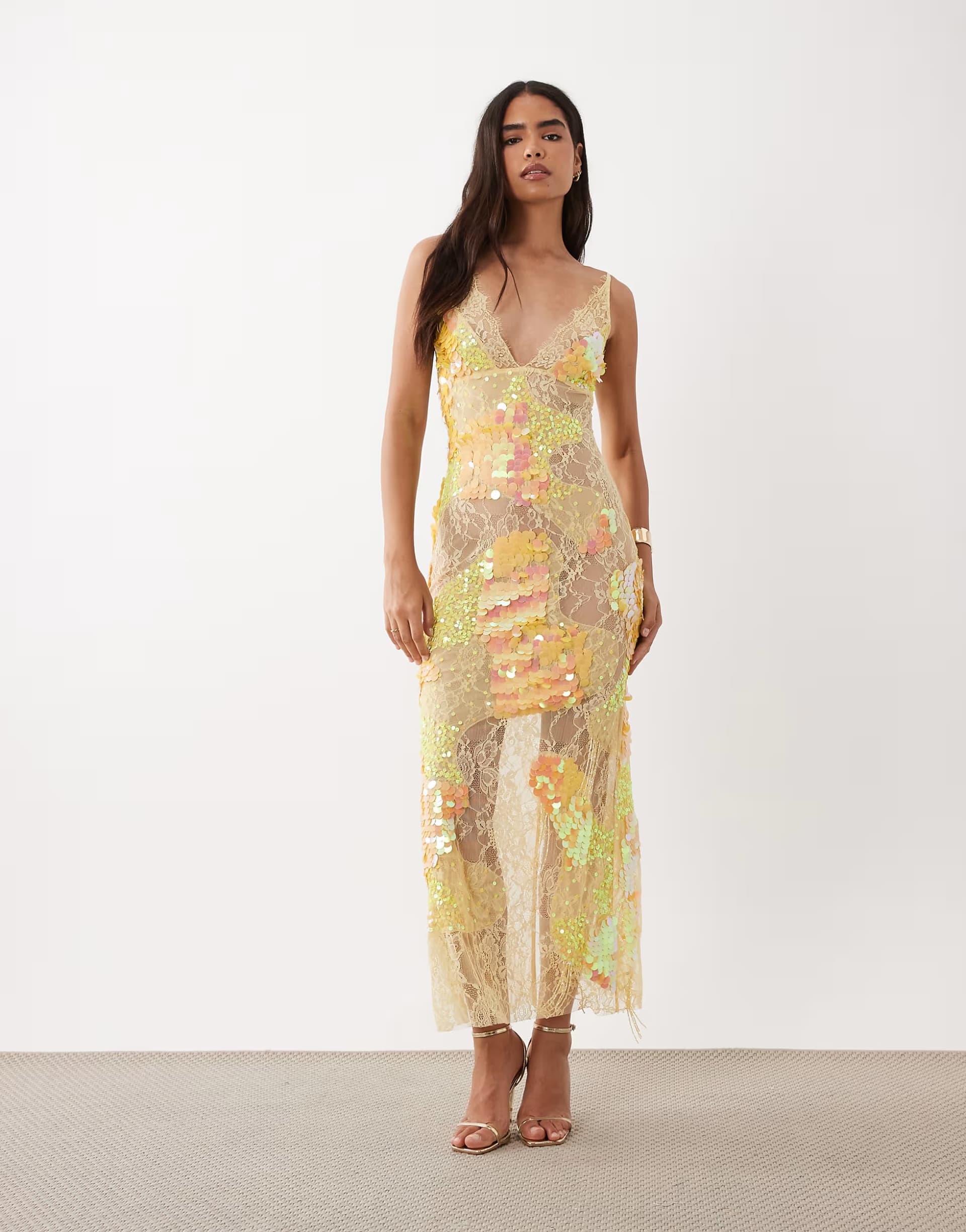 ASOS ASOS DESIGN sheer lace cami maxi dress with placement embellishment in yellow