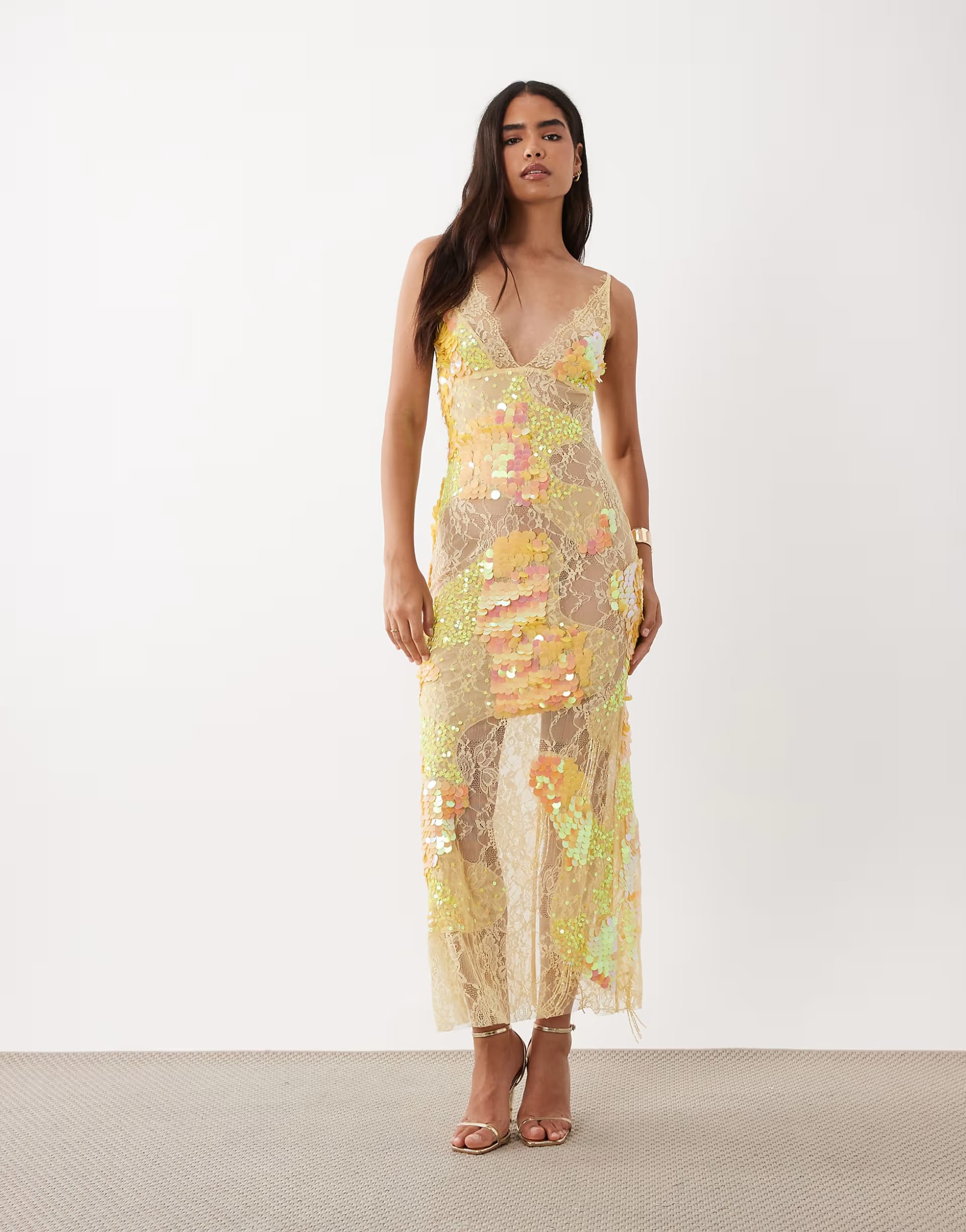 ASOS Sheer Lace Cami Maxi Dress With Placement Embellishment In