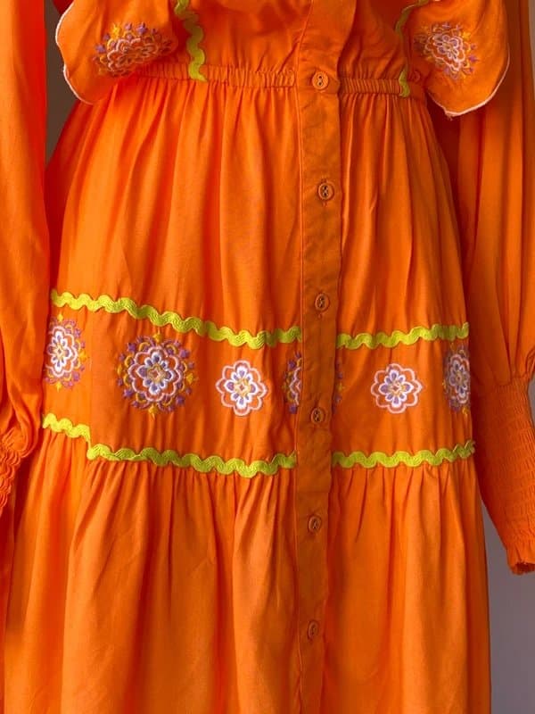 Never Fully Dressed Never Fully Dressed Orange Pink Embroidered Ruffle Shirt Dress Smocked Boho