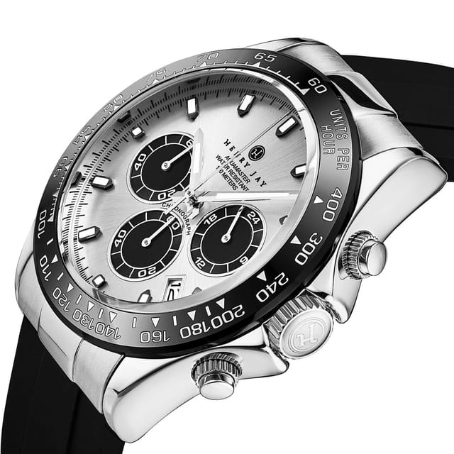 Henry Jay Henry Jay Men's Aquamaster Quartz Chronograph Watch Screw Down Crown Luminous Hands, Black Rubber Band 42mm Case Date Water Resistance in Silver - 2