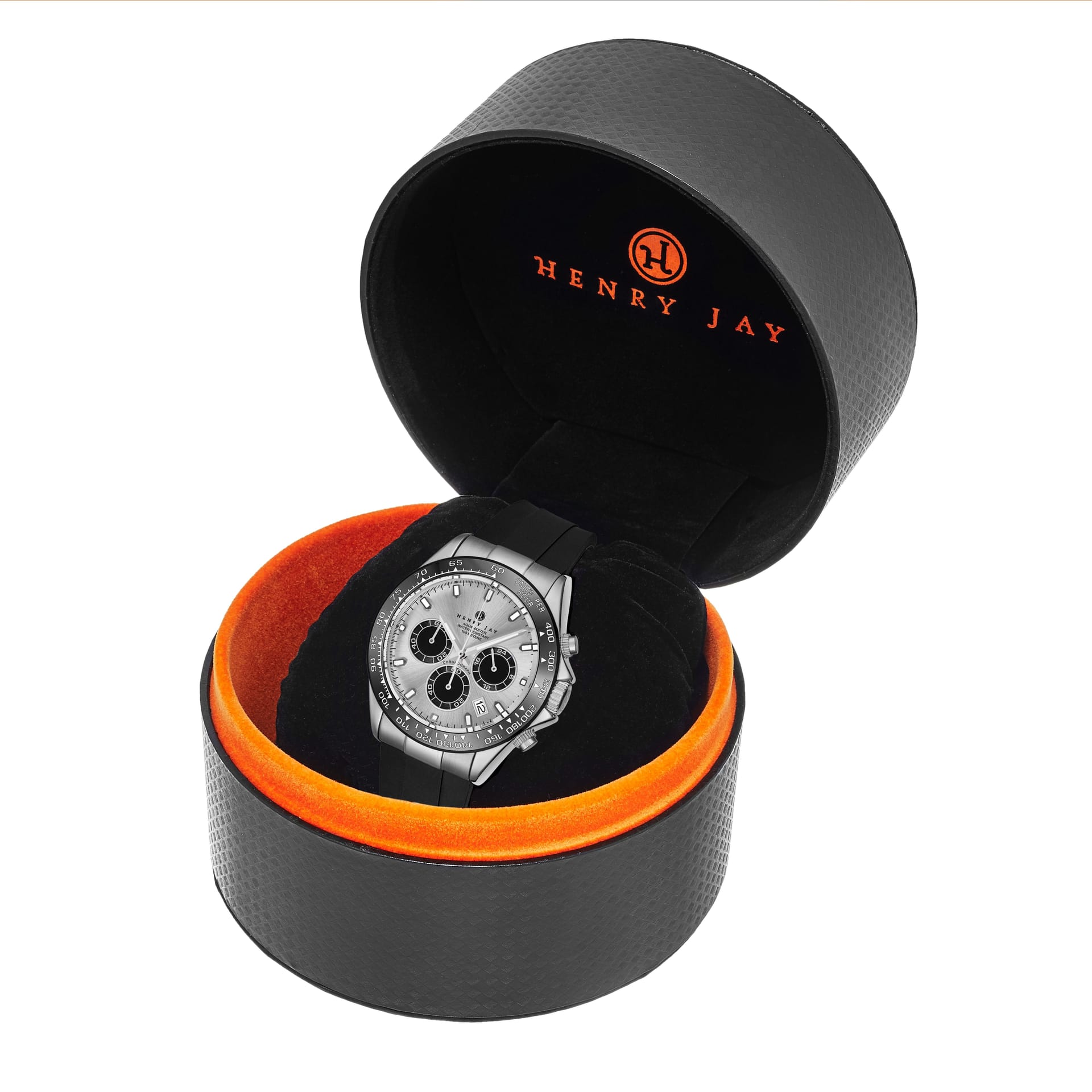 Henry Jay Henry Jay Men's Aquamaster Quartz Chronograph Watch Screw Down Crown Luminous Hands, Black Rubber Band 42mm Case Date Water Resistance in Silver - 4