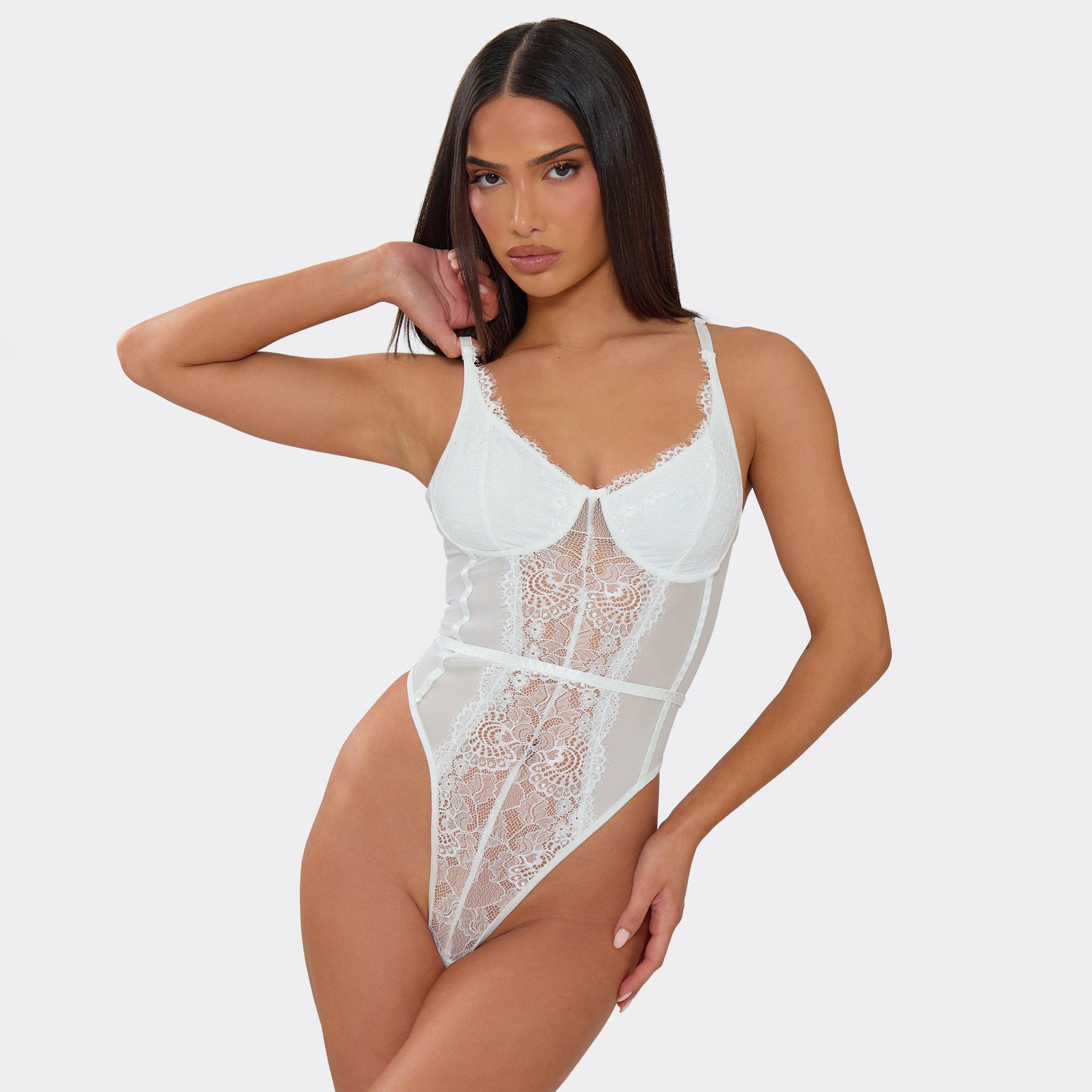 EGO Strappy Underwired Bodysuit In White Lace, Women's Size UK L - 1
