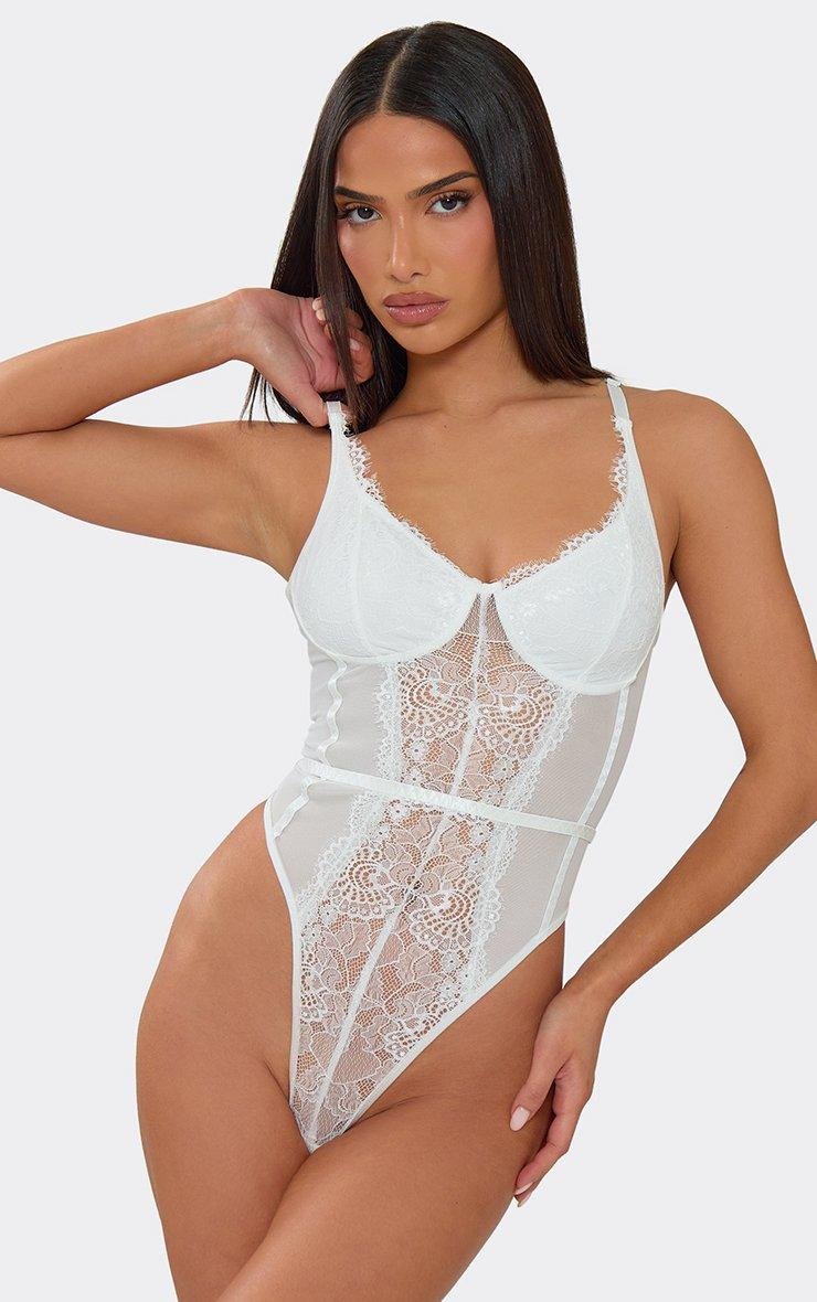EGO Strappy Underwired Bodysuit In White Lace, Women's Size UK L - 2