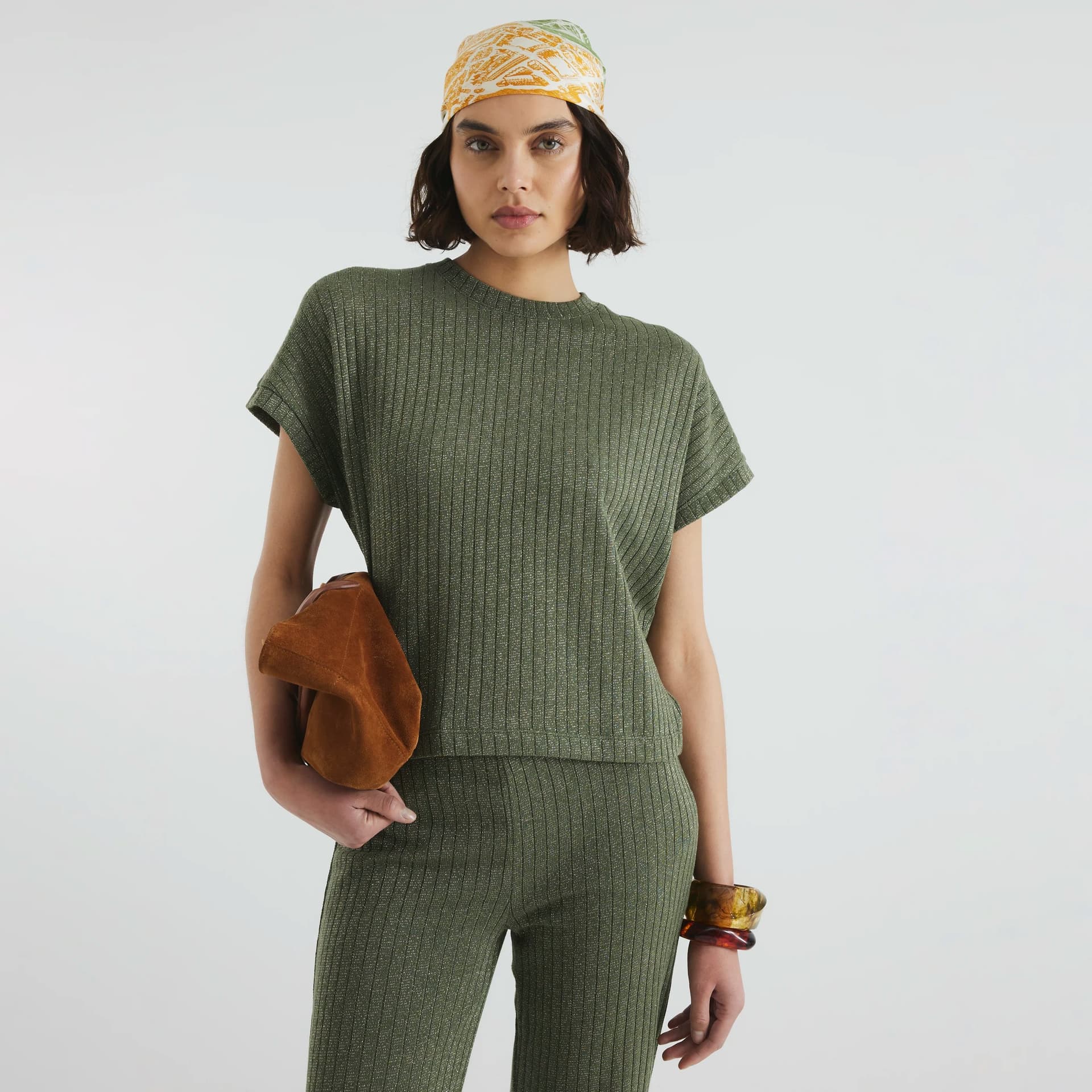 River Island River Island Womens Khaki Short Sleeve Glitter Ribbed T-Shirt