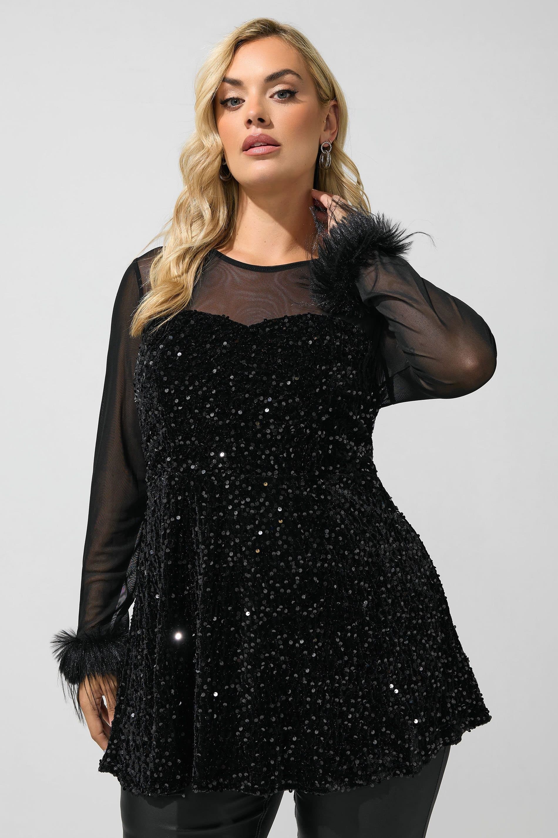 Yours Yours Women's Mesh Sequin Velvet Fur Trim Top in Black