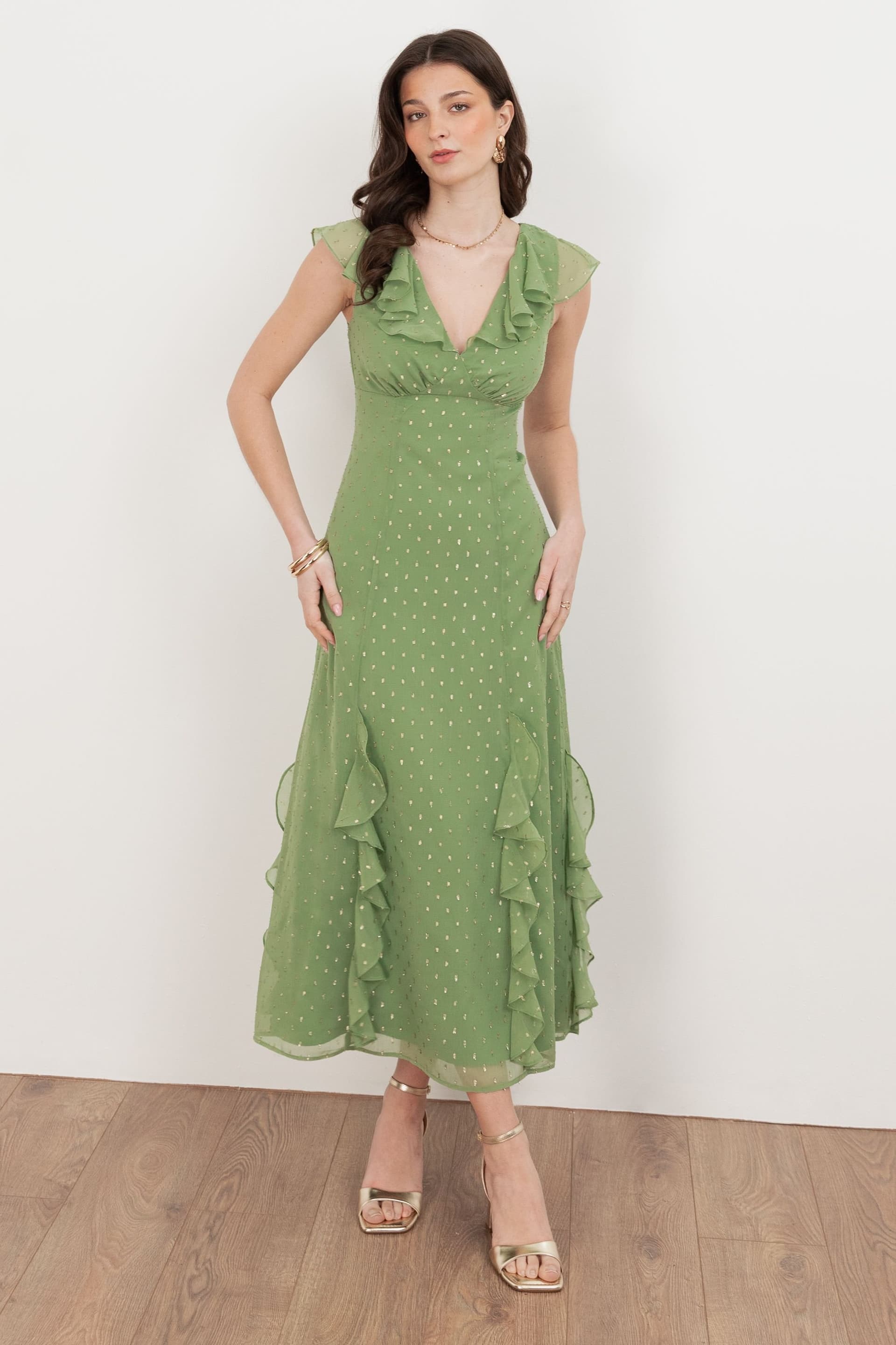 Anaya with Love Anaya with Love Women's V Neck Ruffle Midaxi Dress in Green