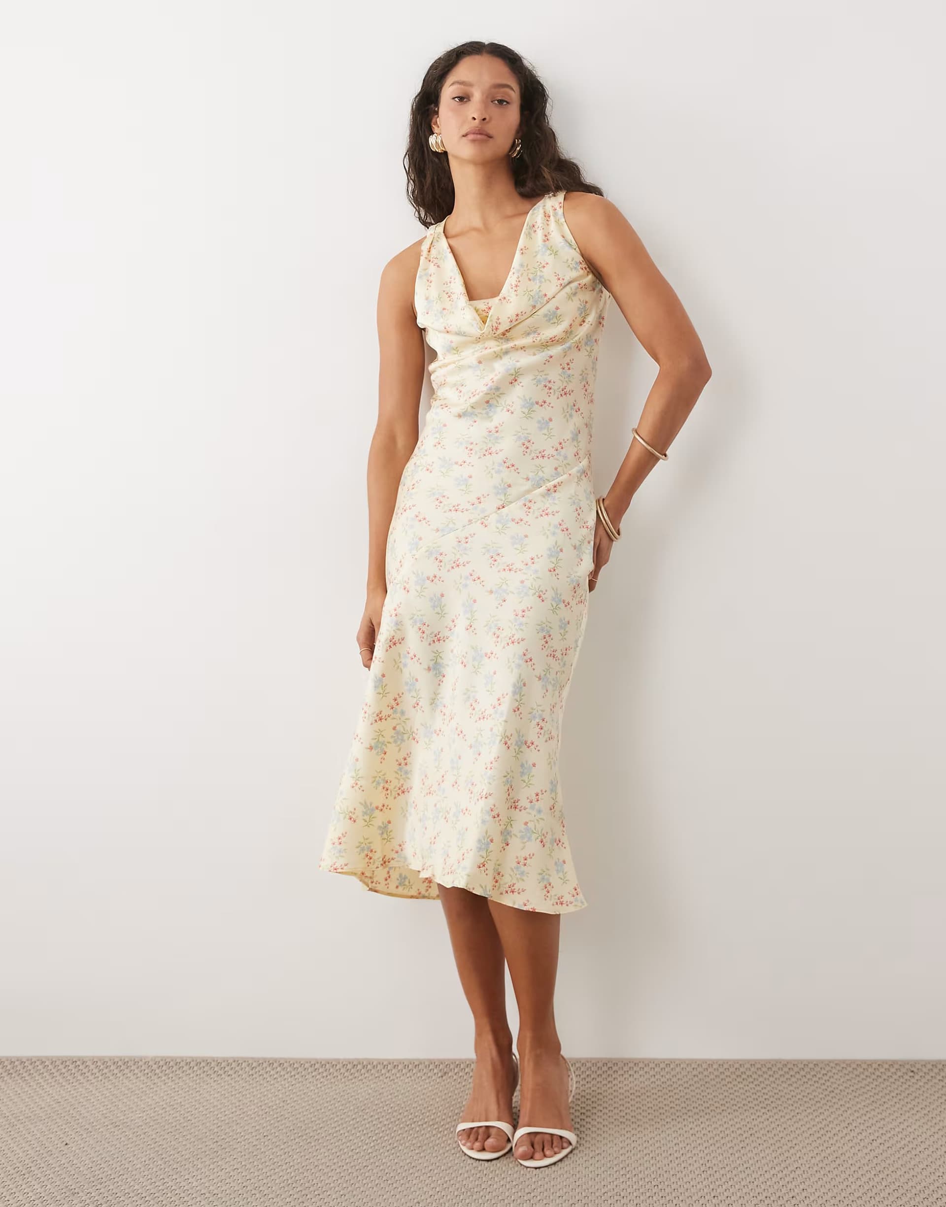 ASOS New Look ditsy cowl neck satin midi dress in yellow