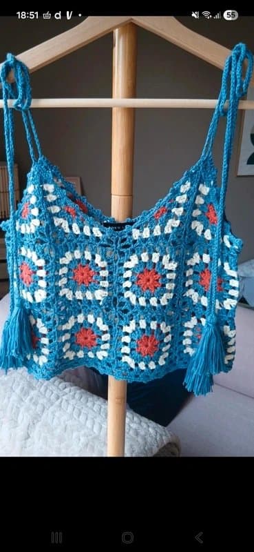 New Look Beautiful New Look Blue Crochet Knitted Festival Cropped Top with Tassel Ties Size M