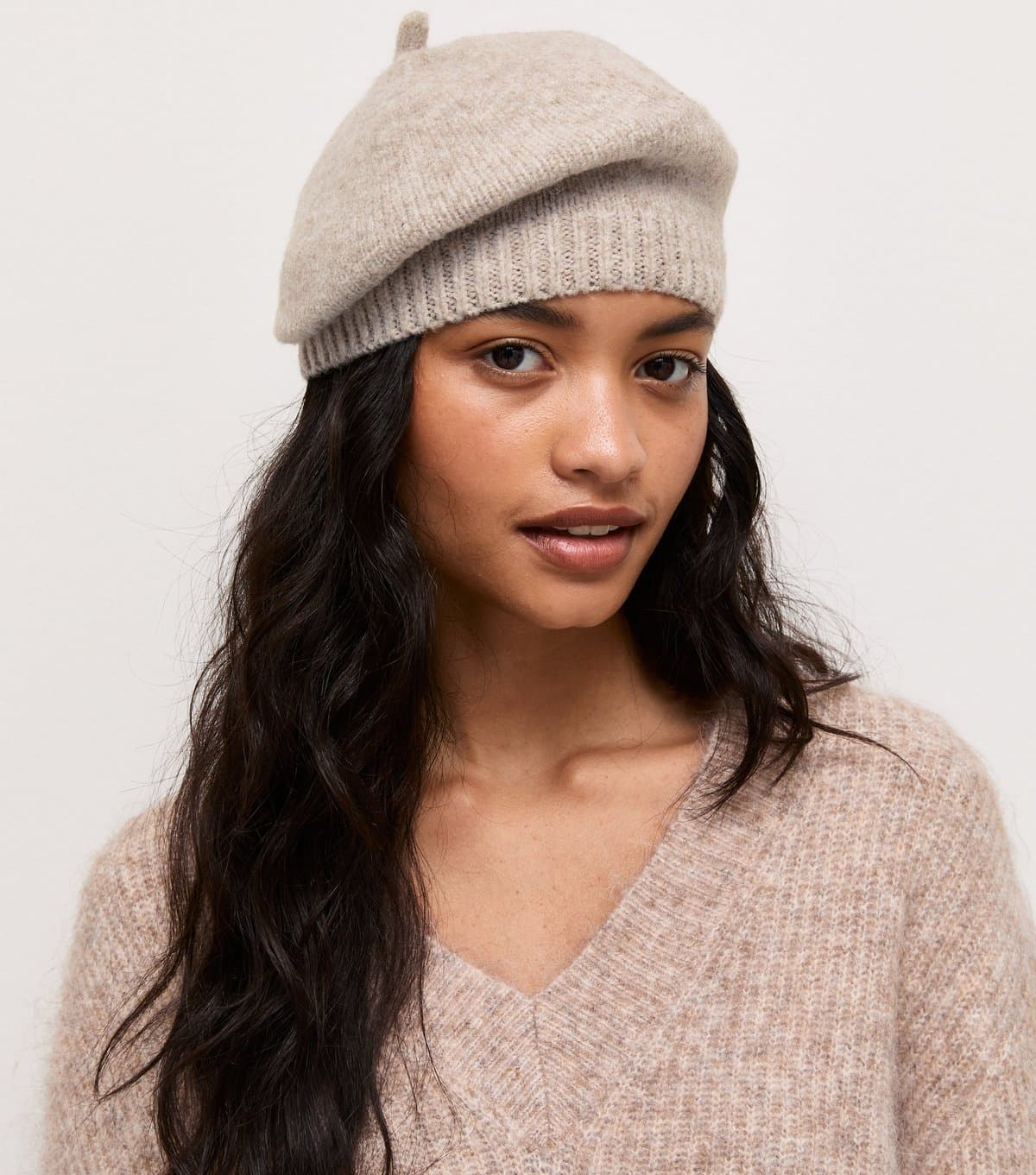 New Look Oatmeal Rib Trimmed Beret New Look