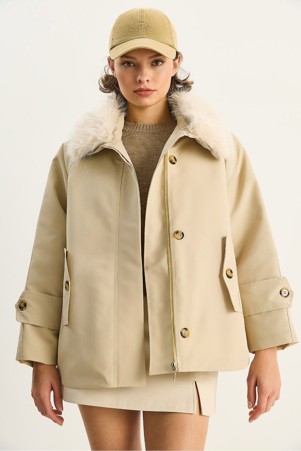 Bianco Lucci Bianco Lucci Women's Zipper Jacket with Faux Fur Collar in Stone - 2