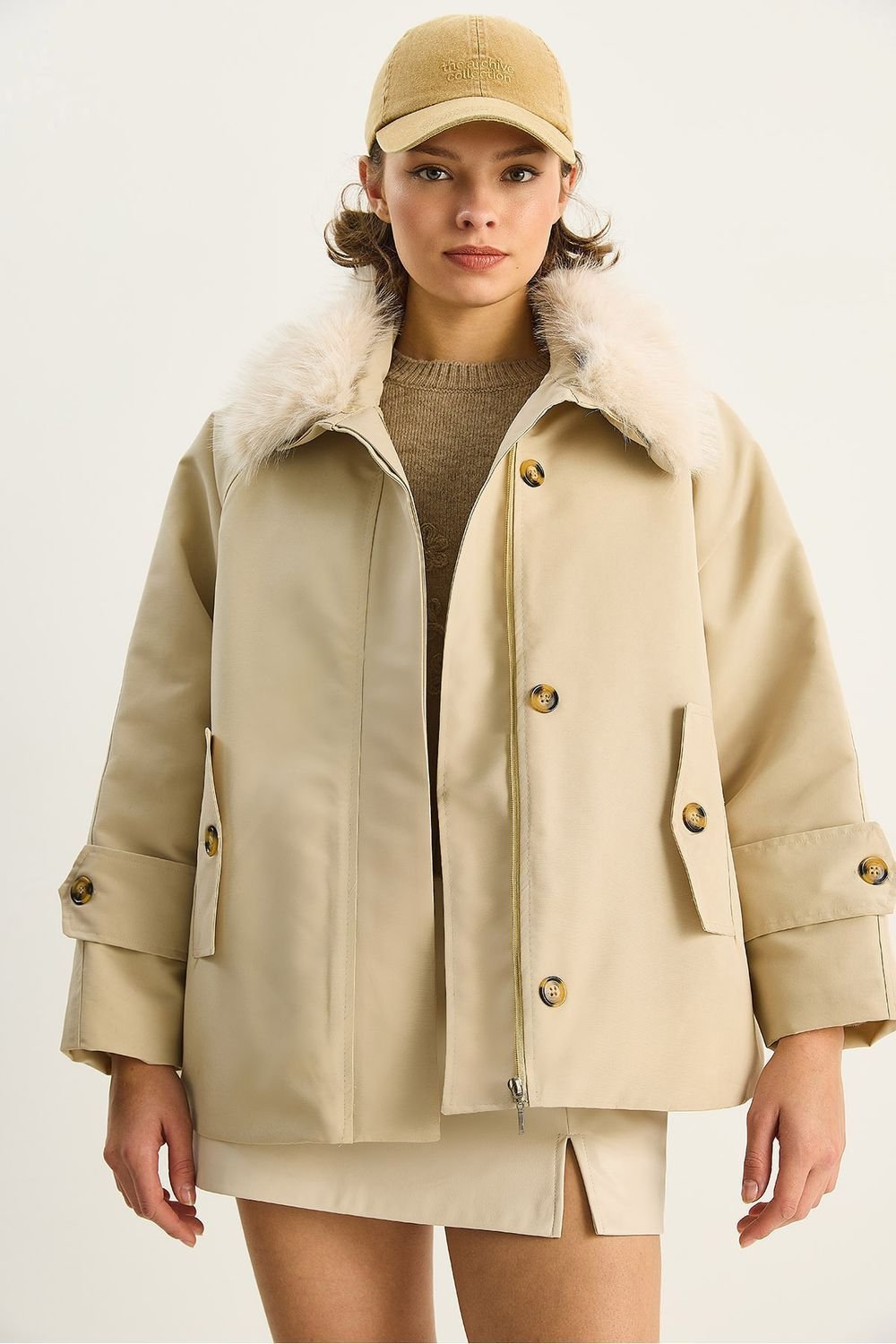 Bianco Lucci Bianco Lucci Women's Zipper Jacket with Faux Fur Collar in Stone - 3